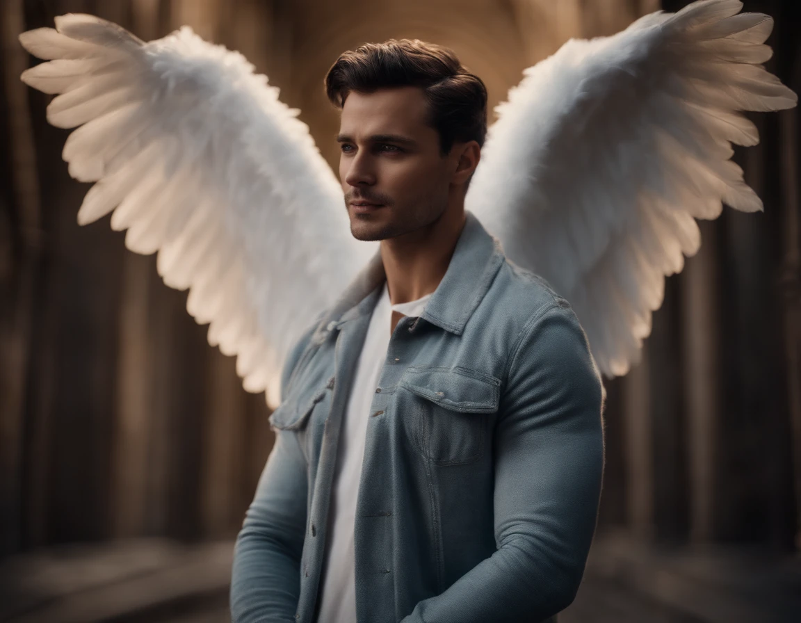 Male human-looking angel, Com vestes celestes brancas e brilhantes,