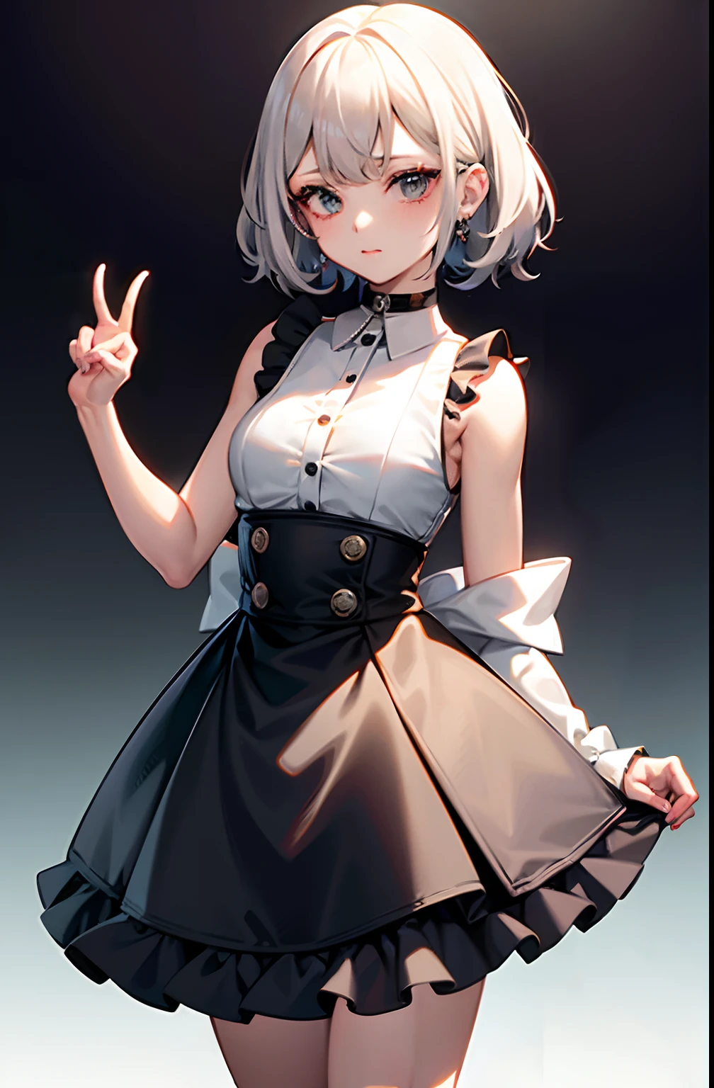 best quality, ultra high res, 1girl, sleeveless white button shirt, black skirt, black choker, cute, (Kpop idol), (aegyo sal:1), (platinum blonde hair:1), ((puffy eyes)), looking at viewer, full body, facing front