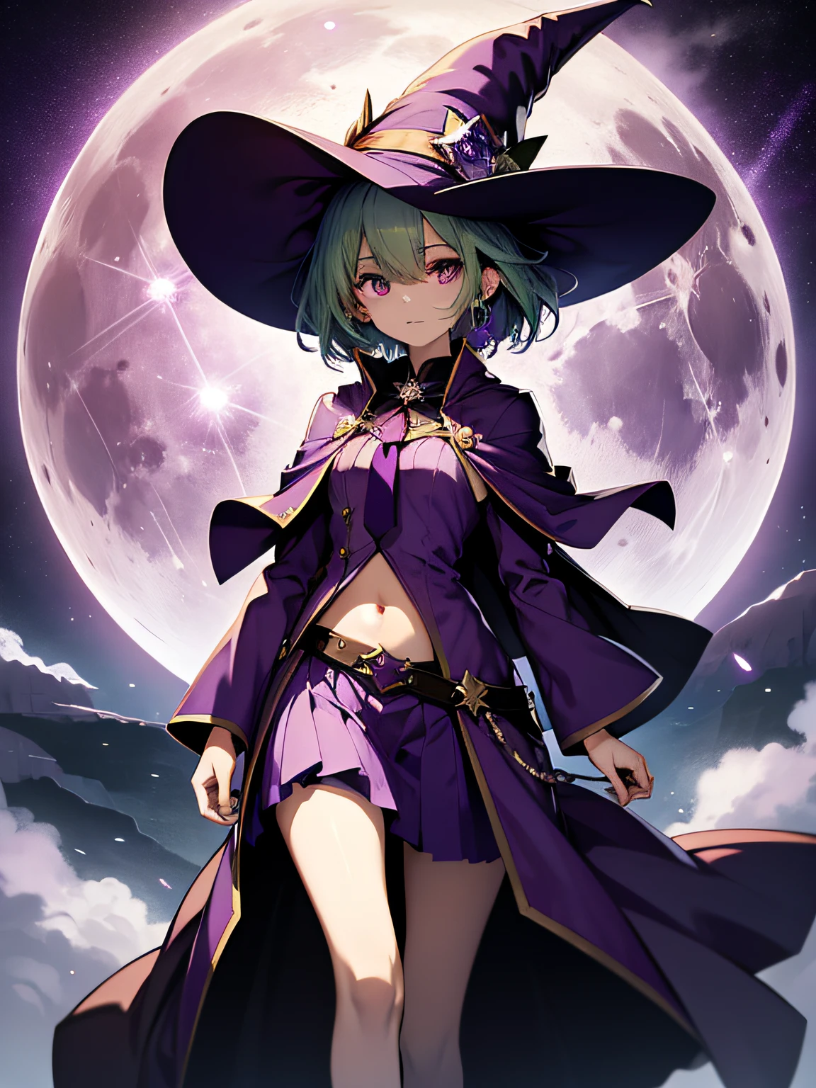 top-quality、extremely delicate and beautiful、(A teenage girl)、Purple Eye、Green hair、short-haired、(purple witch hat)、Purple tie、Soio、shortsleeves、Purple skirt、Purple Wizard Robe、Navel、is standing、Full moon night on background