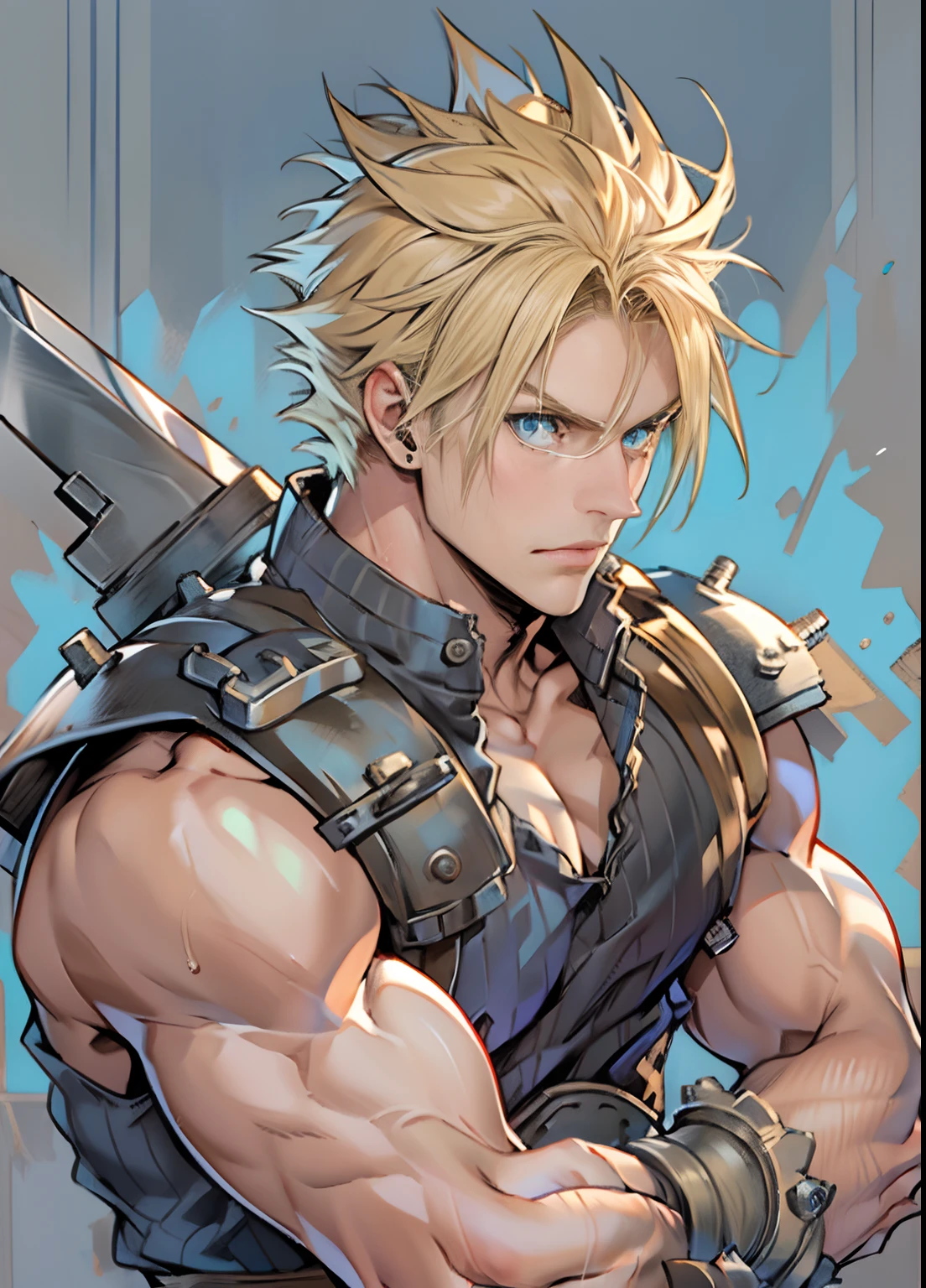 hungry clicker,  sketch, cloud strife, 1boy, armor, blonde hair, blue eyes, closed mouth, earrings, fusion swords, high collar, jewelry, looking at viewer, male focus, masculine body, Muscular body, Imposing body, Imposing appearance, muscular arms, muscular legs, only body, trapezoid torso, sturdy body, muscular body, defined round and fleshy pecs, defined washboard ABS, defined arms, defined legs, dynamic pose over shoulder, ribbed shirt, shirt, short hair, shoulder armor, shoulder belt, single bare shoulder, single earring, sleeveless, sleeveless shirt, solo, spiked hair, sword, sword over shoulder, upper body, weapon, weapon over shoulder, ((masterpiece))