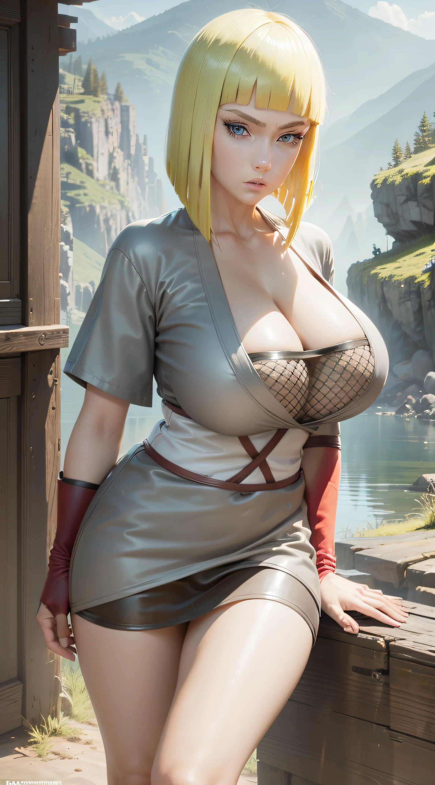 Samui from naruto, 1girl, western girl, solo, (huge tits), busty, thiccture perfect, short blonde hair, tall girl, large eyes, anime eyes, small pupil, light blue eyes, both hands have same size, both eyes have same sizes, beautiful lady fingers size, wearing sexy gray and white ninja outfit (gray color dominant), gray kimono, black fishnet, red leather, wearing miniskirt, wearing red handband, cleavage, wearing black shinobi sandal, looking at viewer, emotionless, kunoichi, fighting pose, cowboy shot, full body shot, portait foto, in the top of the mountain, standing on rock, cloud, village view, semi realistic artstyle, 3d, absurdes, NSFW, high res, ultrasharp, 8K, masterpiece, best quality