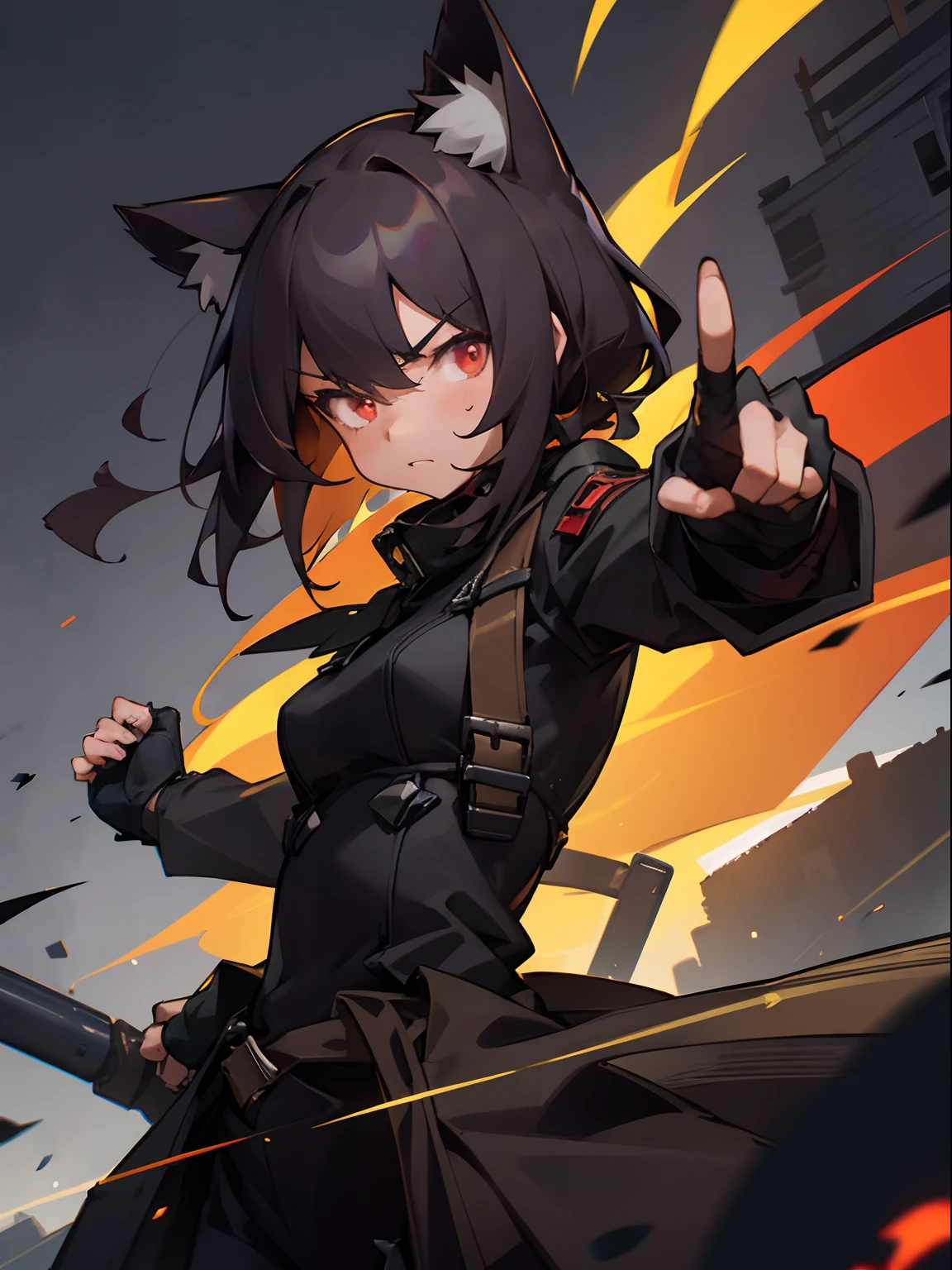 1 girl, 8k, artstation, ((masterpiece)), depth of field, face portrait, (cat ears), very shadowy, glowing red eyes, darkness, nighttime, very dark, emerging from darkness, angry expression, (action shot), cinematic, fingerless gloves, trench coat, distant explosions, ruined cityscape, ruins background, pointing towards viewer, pointing upwards