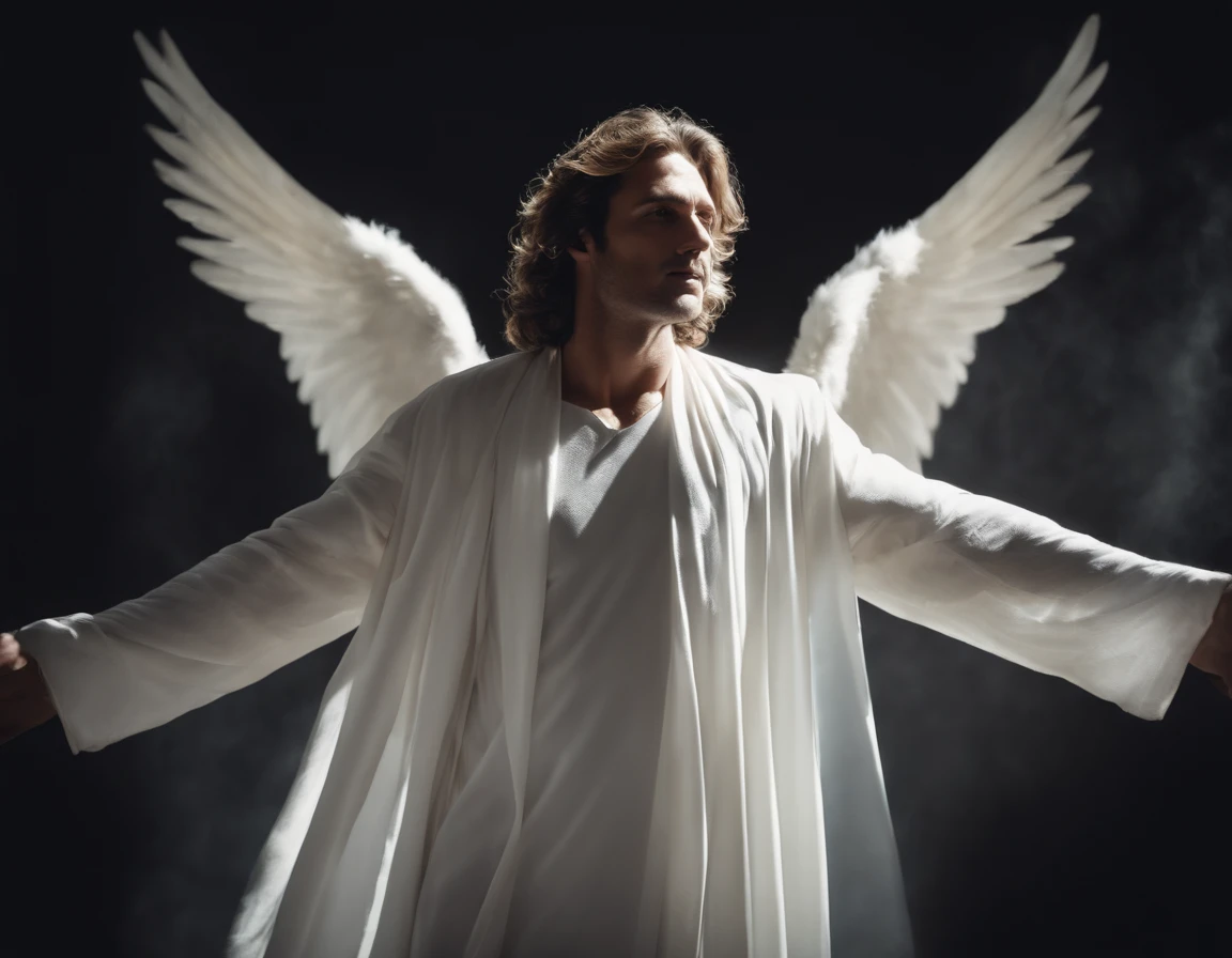 Human-looking male angel, With robes of shiny white celestial robes,