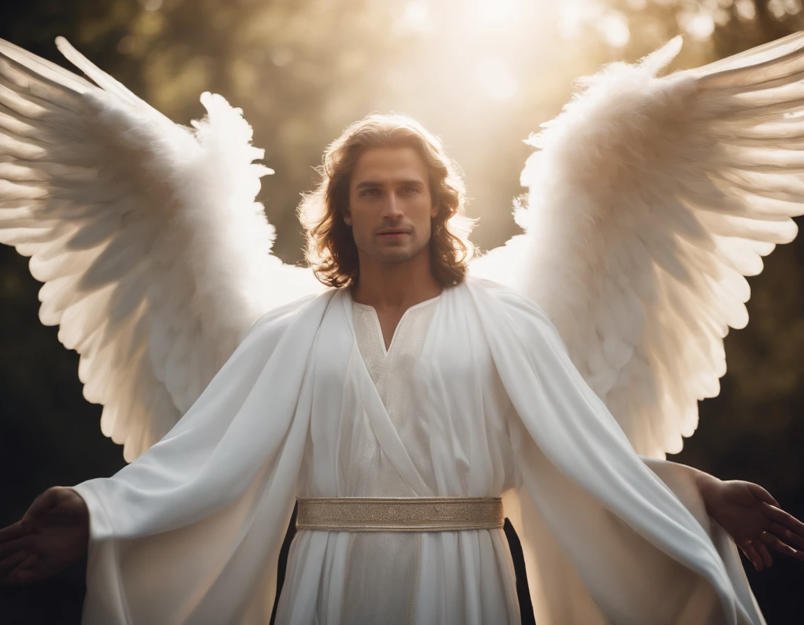 Human-looking male angel, With robes of shiny white celestial robes,