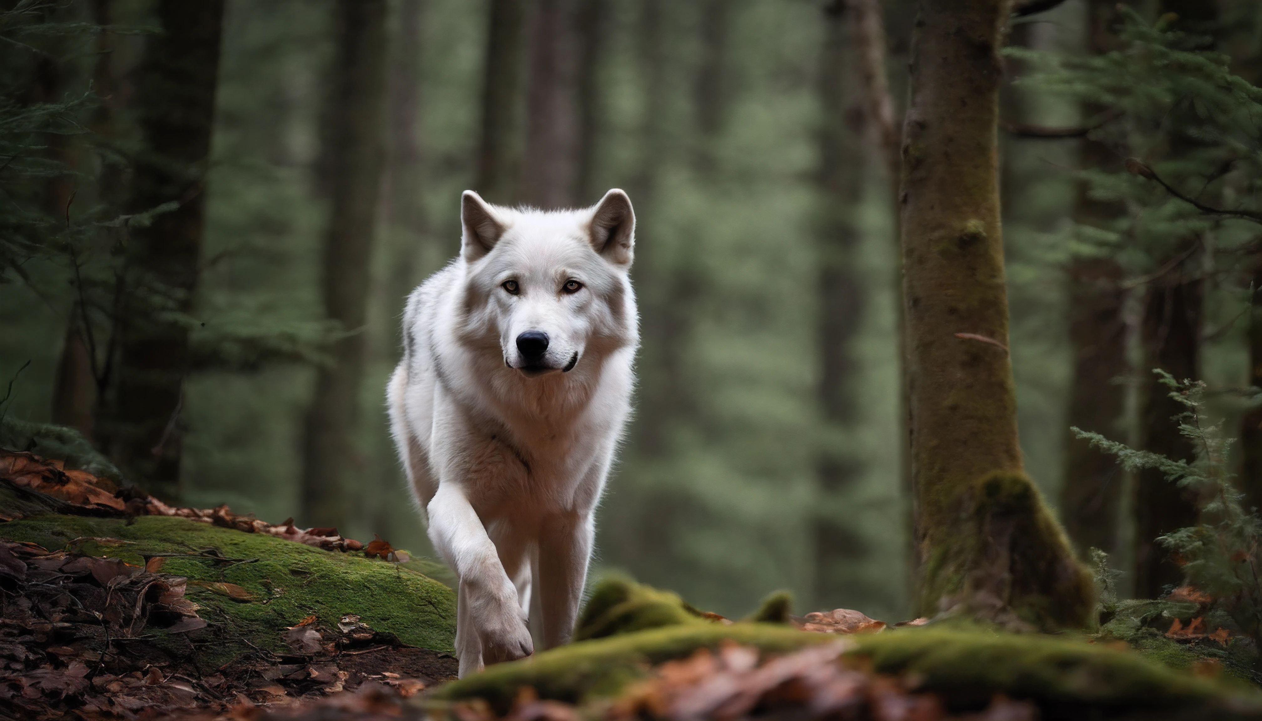 there is a white dog standing in the woods next to a tree, a picture inspired by Wolf Huber, unsplash, conceptual art, photo of wolf, a white wolf, wolves and their treasures, wolf companion, looking majestic in forest, great wolf, wolf, lone wolf, still from a nature documentary, still from nature documentary, wolves