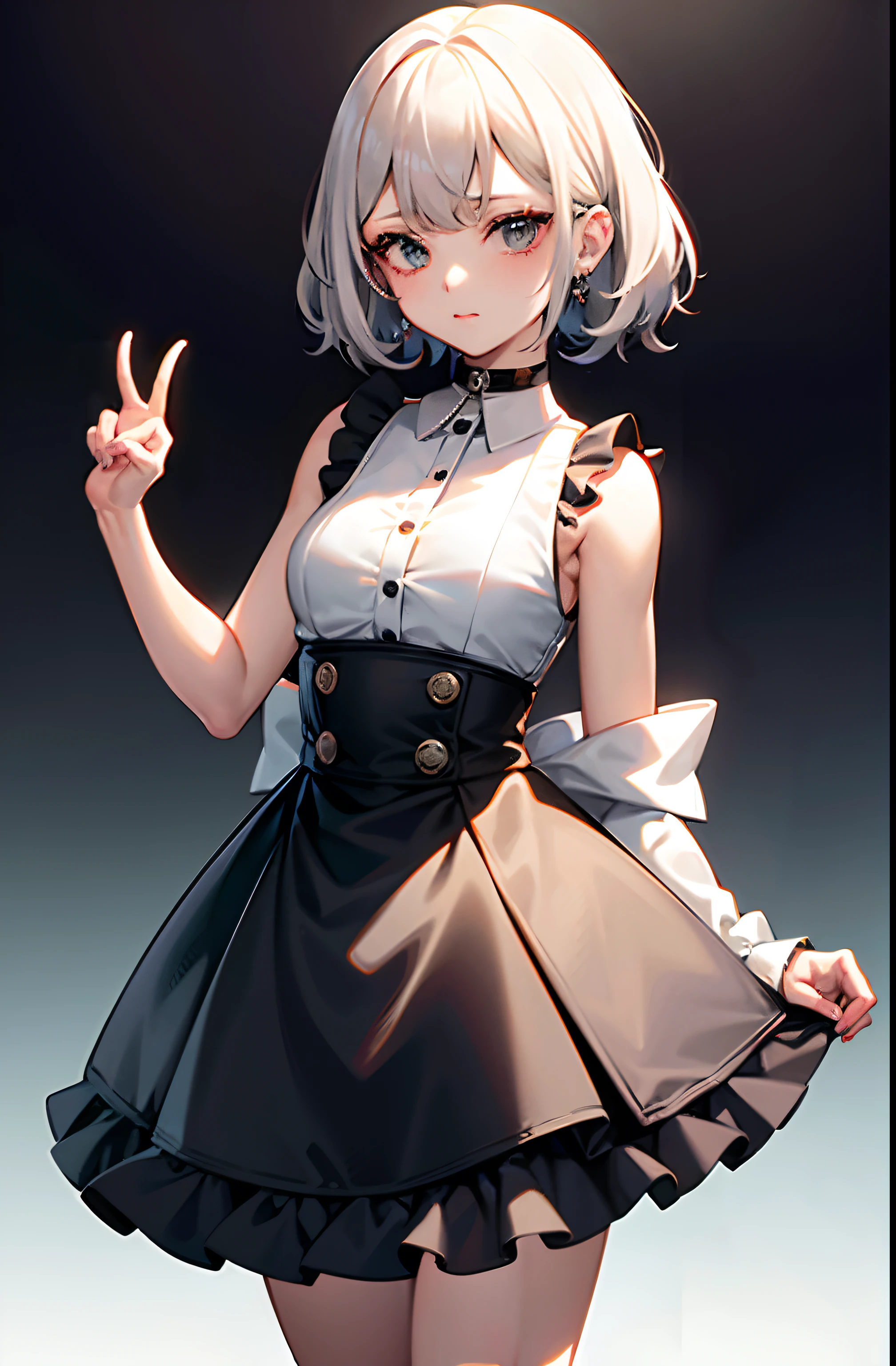 best quality, ultra high res, 1girl, sleeveless white button shirt, black skirt, black choker, cute, (Kpop idol), (aegyo sal:1), (platinum blonde hair:1), ((puffy eyes)), looking at viewer, full body, facing front