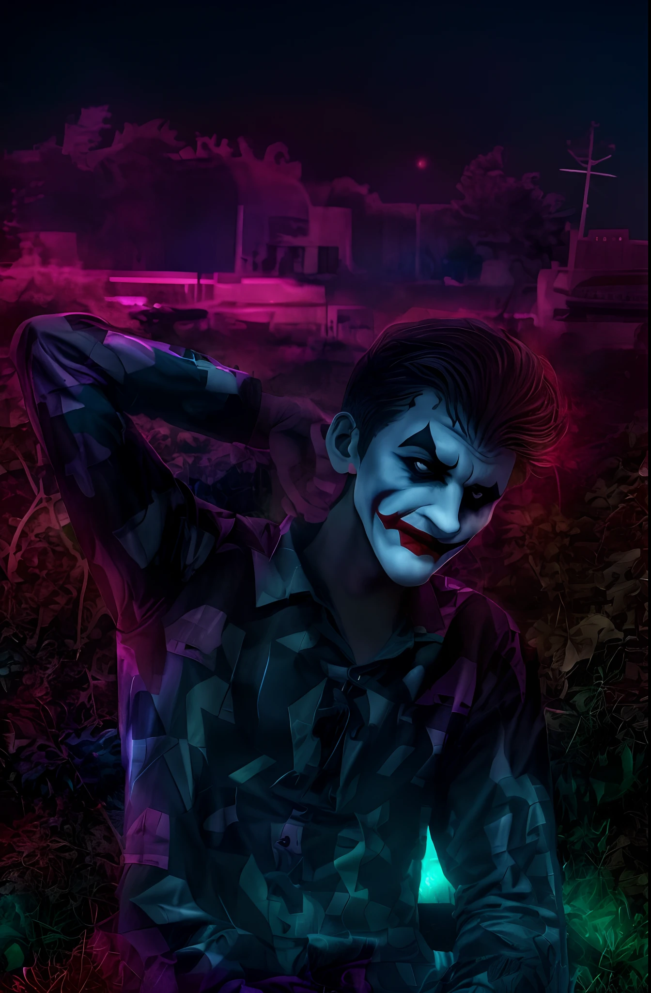 (Joker), clothing),colors, is imposing in a lost Gothic city. Moonlight highlights your (muscles and scars). The scenery is lush and mysterious, with futuristic technology and surroundings.