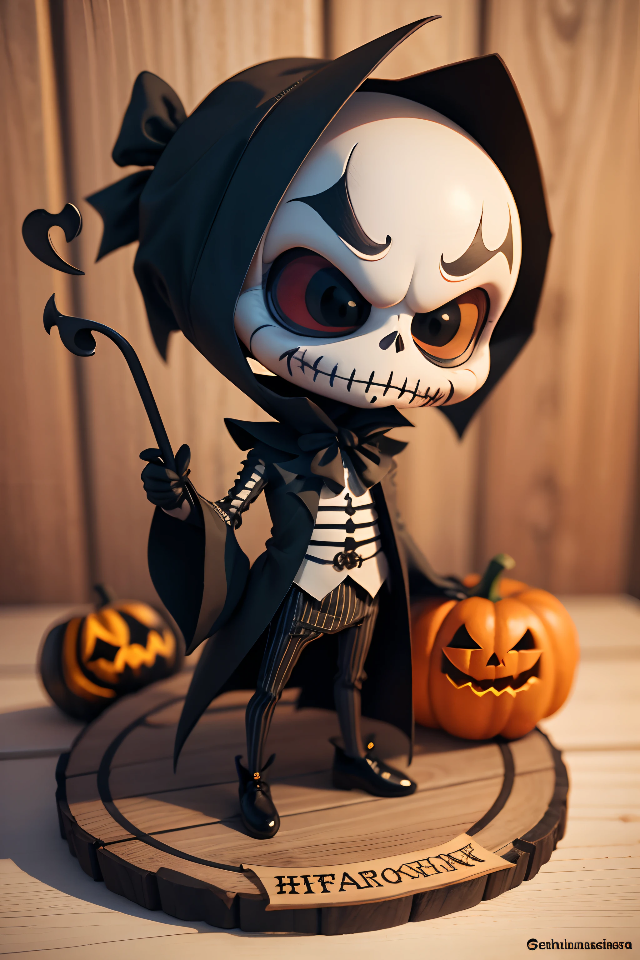 Chibi Jack Skellington. Wooden sign with the text "BOX".About the Text "INIESTA" " En color negro Halloween calabazas y flores marchitas, Estilo La Familia Addams render 3d, moda, foto, illustration.
