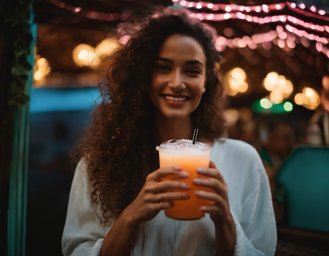 Smiling woman in front of a wall with neon lights holding a drink, Malika Favre, An alien drinking horchata, Justina Blakeney, com um canudo, holding a boba milky oolong tea, Jenna Barton, segurando uma bebida, imagem de perfil, Directed by: Felipe Seade, Directed by: Eva Gonzalès, andrea rocha, Valentina Embaralhamento