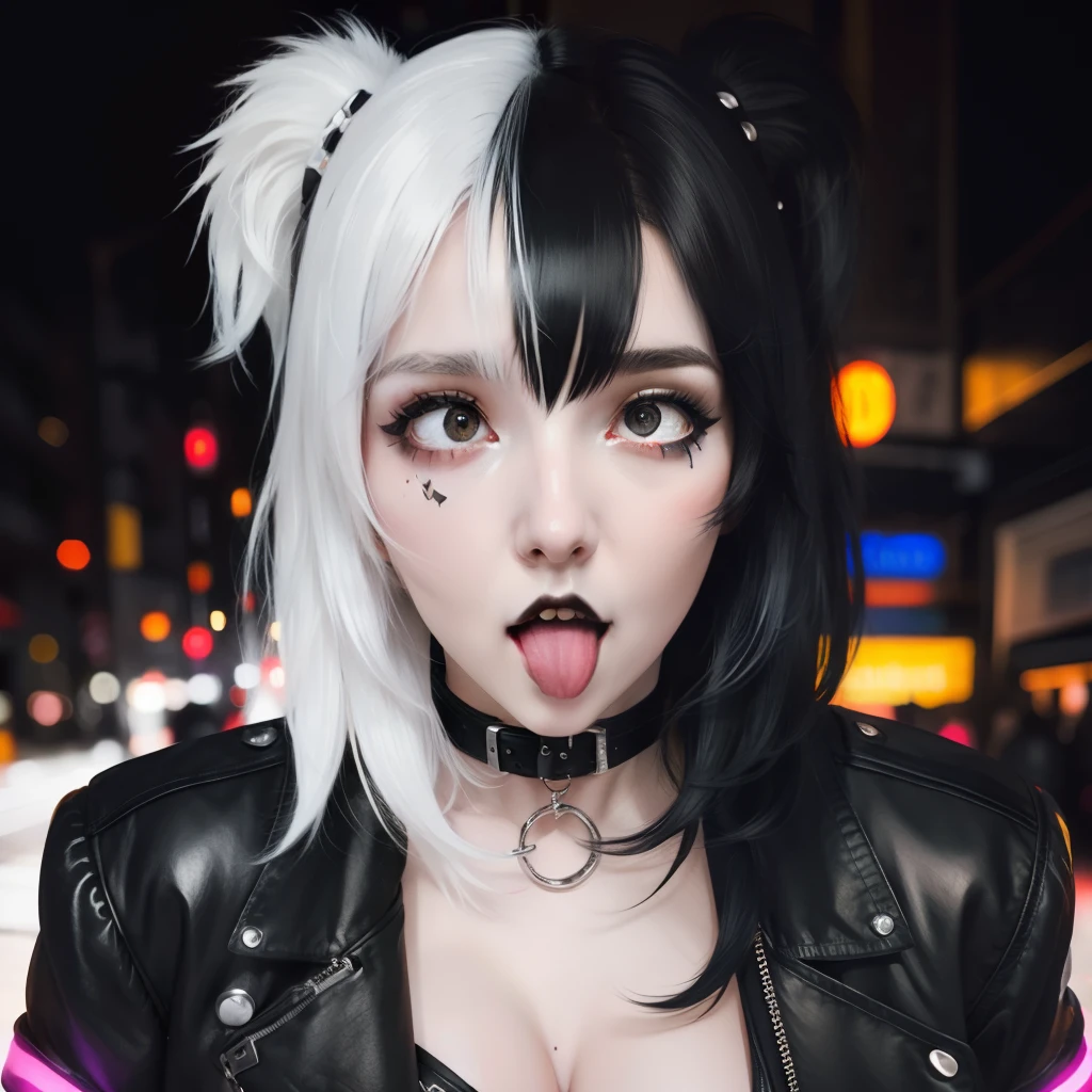 masterpiece, best quality, highly detailed,1girl, covering mouth, shy smile, big breasts, adult, split-color hair, black and white hair, eye shadow, black lipstick, street at night, neon lighting, hair over eye, jacket, massive breasts