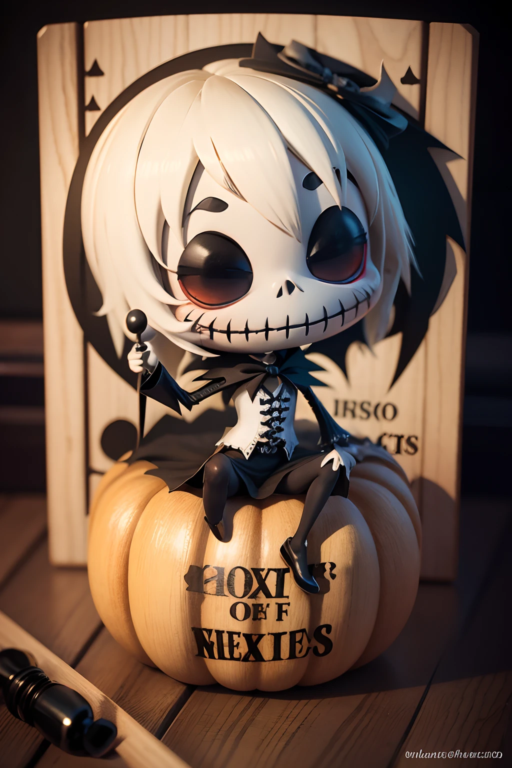 Chibi Jack Skellington. Wooden sign with the text "BOX".About the Text "INIESTA" " En color negro Halloween calabazas y flores marchitas, Estilo La Familia Addams render 3d, moda, foto, illustration.
