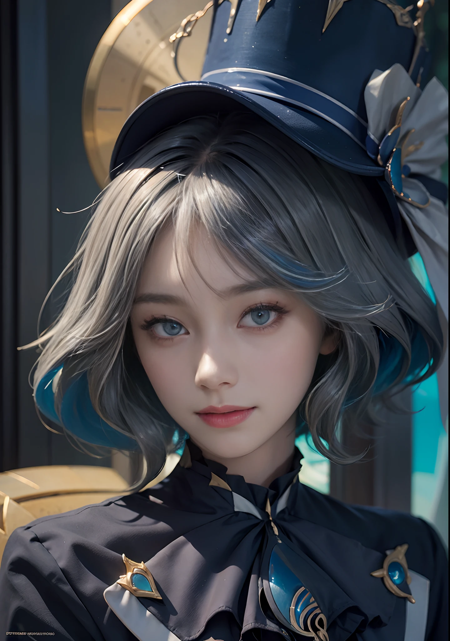 (Front Focus), (In the Dark: 1.6), Face Close-up, 1 Girl, Surrealistic Female Portraits by David Hockney and Alphonse Mucha, Fantasy Art, Photo Realism, Dynamic Lighting, ArtStation, Poster, Volumetric Lighting, Very Detailed Faces, 4 K, Award-Winning 1girl, Dark, Deep Shadow, Understated, Cowboy Shot, (Official Uniform: 1.4), Long Hair, Gray Hair, Smile, Ultra Fine Skin,