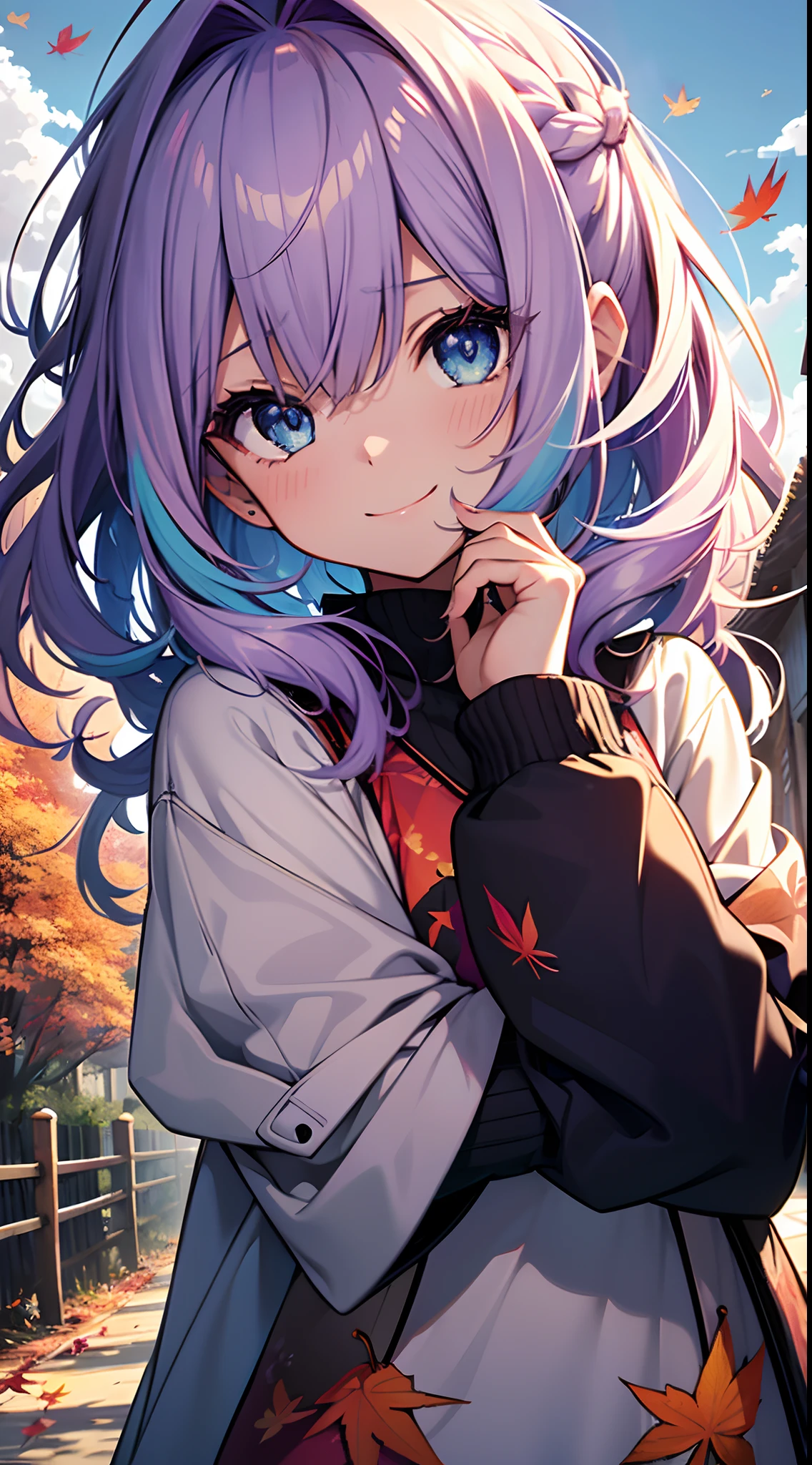 masutepiece, Best Quality,Illustration, Wallpaper, ultra -detail, Absurd beauty, 1beautiful girl、Light purple hair、Glitter and big eyes、Hair fluttering in the wind、♡、Smaller head、((Autumn landscape))、miscievous smile、Angle looking up from below、blue eyess、waved hair、Medium Hair、multi color hair
