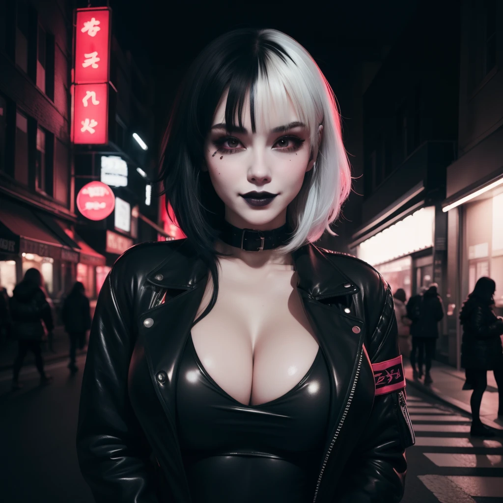 masterpiece, best quality, highly detailed,1girl, covering mouth, shy smile, big breasts, adult, split-color hair, black and white hair, eye shadow, black lipstick, street at night, neon lighting, hair over eye, jacket, massive breasts
