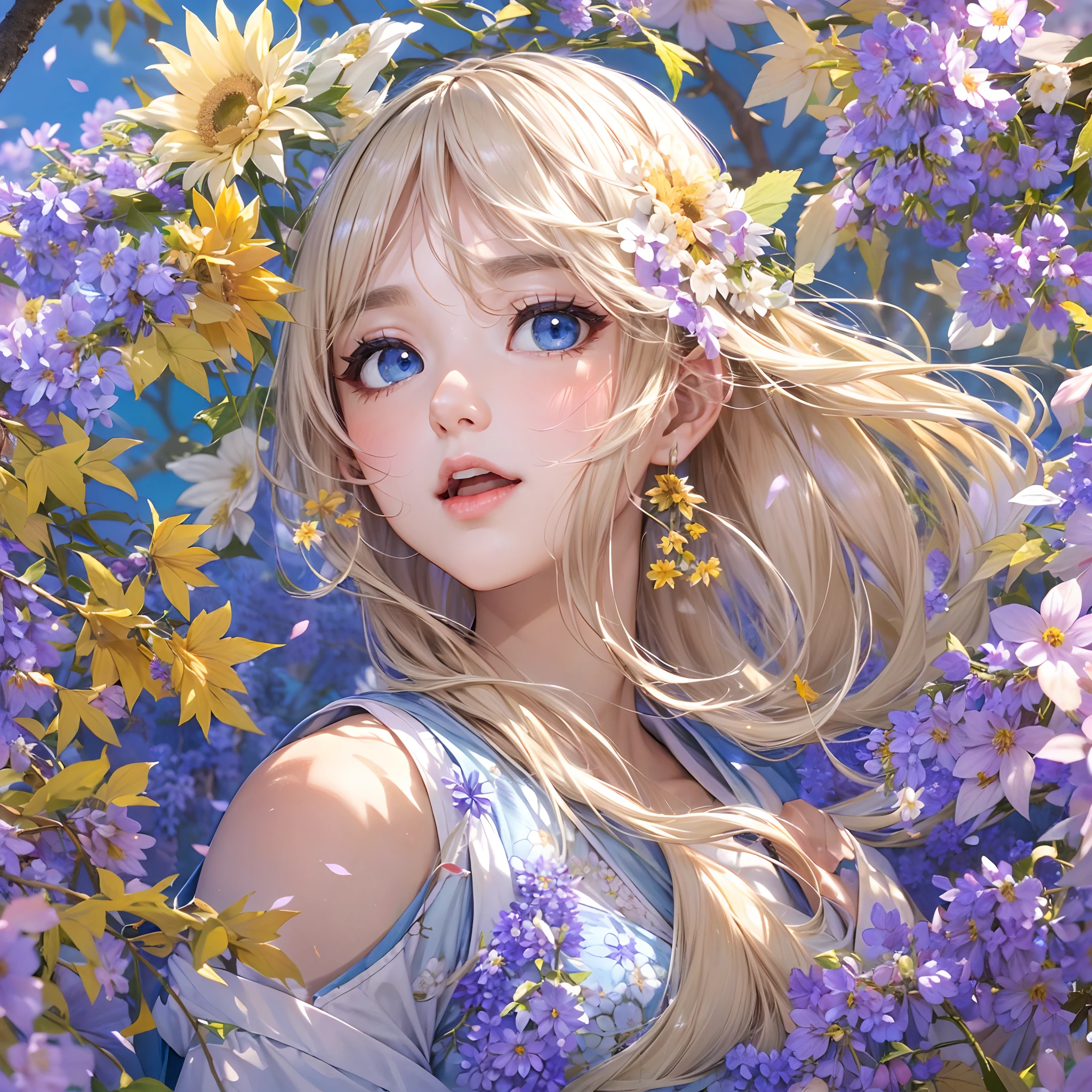 absurderes, ultra-detailliert,bright colour,(in 8K:1.3),masuter piece,extremely beautiful detailed face and eyes, 25 years old,(Smooth straight blonde hair:1.3), (Shiny hair:1.2),(Aligned bangs:1.4),Beautiful and aesthetic, (Deep Blue Eyes:1.3),shrine maiden, (Overlapping flowers, cherryblossom, wisteria, sunflowers, chrysanthemums, Autumn leaves, Morning glory, bellflowers),(Four seasons fold々Scenery of:1.2), Pastel colors, Happy,Upper body