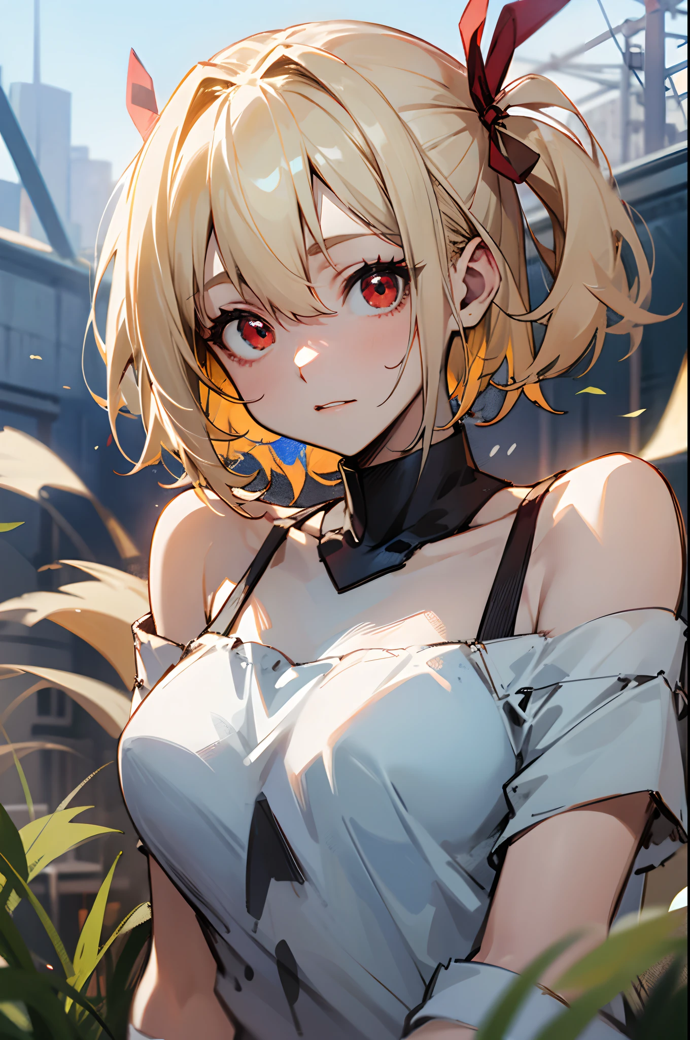 Chisatoniki, Chisato, Short hair, Bangs, Blonde hair, (Red Eyes:1.5), Hair Ribbon, One side up, bob cuts,
BREAK shirt, Bare shoulders, Twin-tailed, 鎖骨, Hair Ribbon, White shirt, frilld, off shoulders, Red Ribbon, short twintails, off shoulder shirt, frill shirt,
BREAK outdoors, grass field,
BREAK looking at viewer, BREAK (masutepiece:1.2), Best Quality, High resolution, Unity 8k壁纸, (Illustration:0.8), (Beautiful detailed eyes:1.6), extra detailed face, Perfect Lighting, extremely details CG, (Perfect hands, Perfect Anatomy),