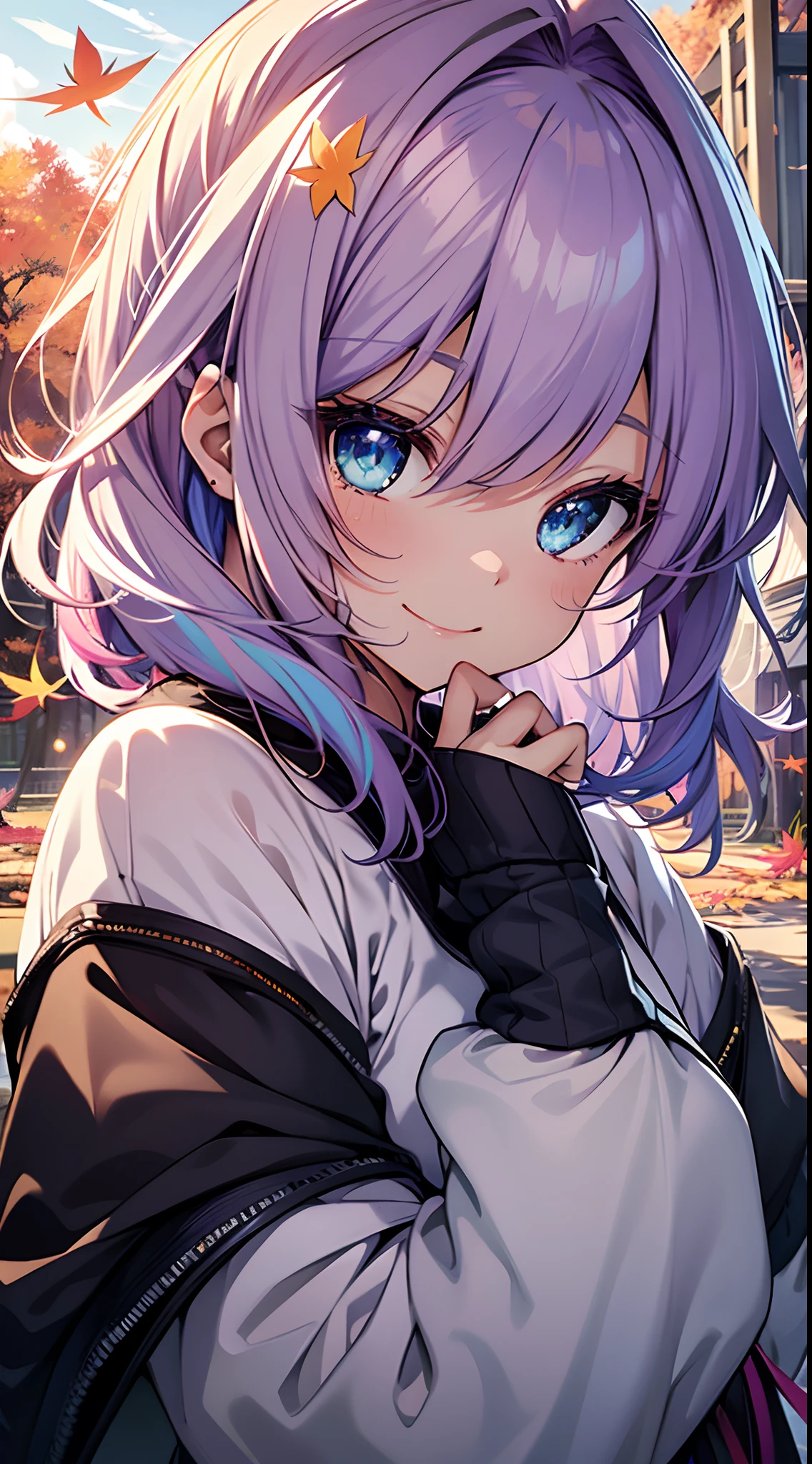 masutepiece, Best Quality,Illustration, Wallpaper, ultra -detail, Absurd beauty, 1beautiful girl、Light purple hair、Glitter and big eyes、Hair fluttering in the wind、♡、Smaller head、((Autumn landscape))、miscievous smile、blue eyess、waved hair、Medium Hair、multi color hair