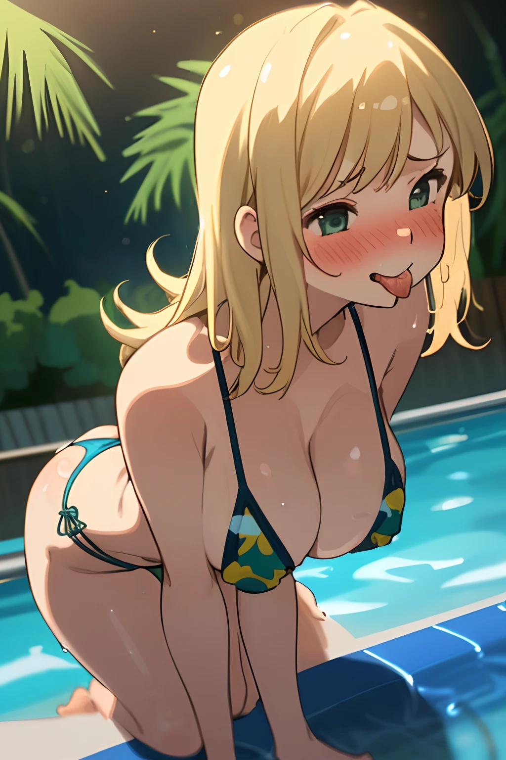 blonde bikini girl at pool, nighttime, tropical background, sexy, big boobs, big butt, slutty tongue out, blushing, on knees, Embarrassed. Sucking position. Staring at audience, . Camera view is from the top.