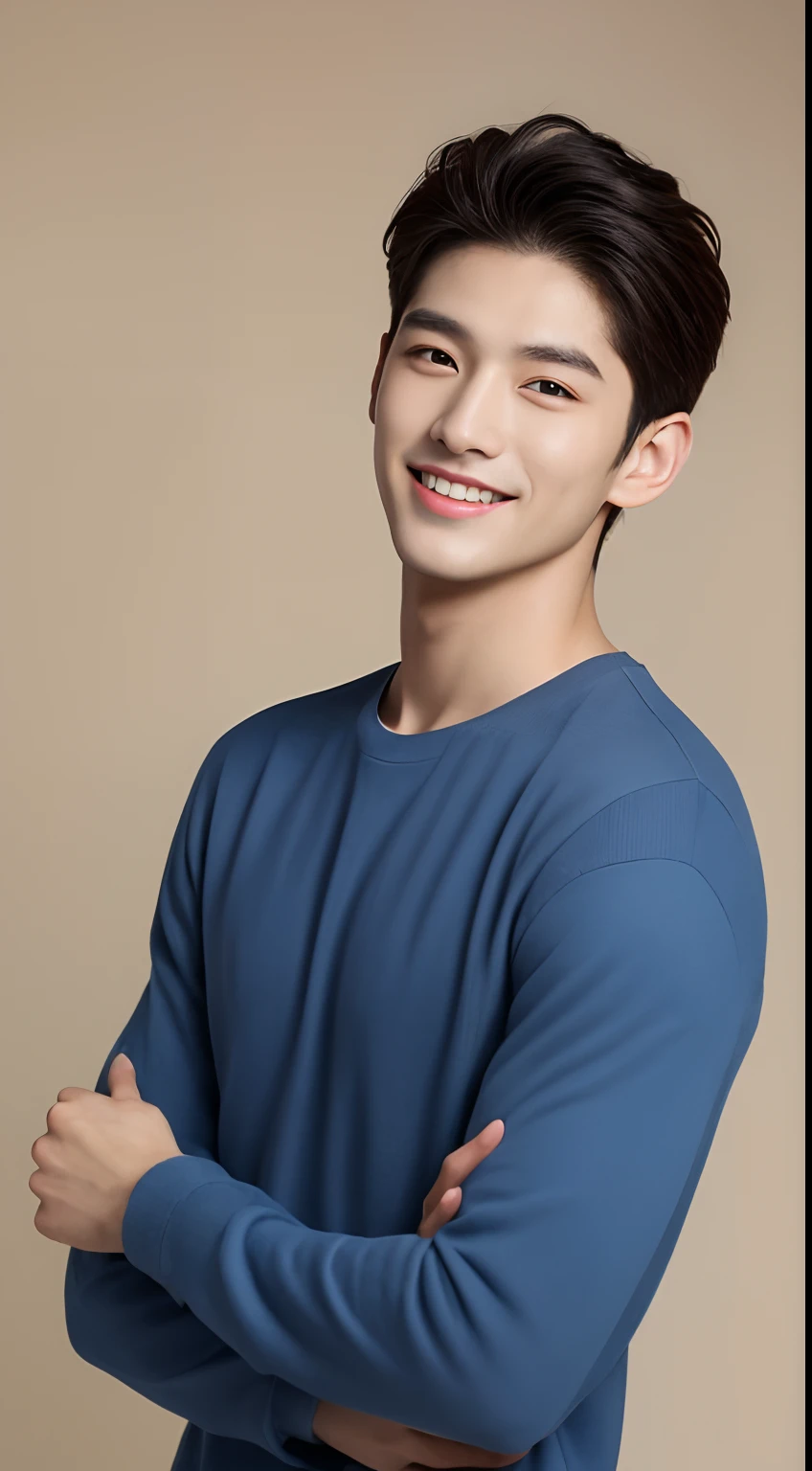 ((Top Quality, 8K, masterpiece: 1.3)), Korean male idols:1.5, 1Man with a, 20yo, Well-formed face, Ultra-fine face, Handsome nose, detailed eyes and face, beautiful lighting, (studio), Hight Resolution, detailed mouth, Sorrisos, s whole body: 1.5, perfect body figure: 1.3, Photo of two arms, Casual outfit