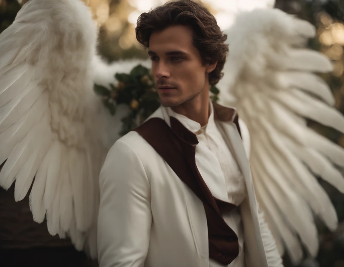 Human-looking male angel, Com vestes de vestes celestes brancas brilhantes, ao lado de uma jovem bonita Rosta com vestes e olhando para ajoelhada, dentro de uma casa simples ,perto uma mesa de madeira.