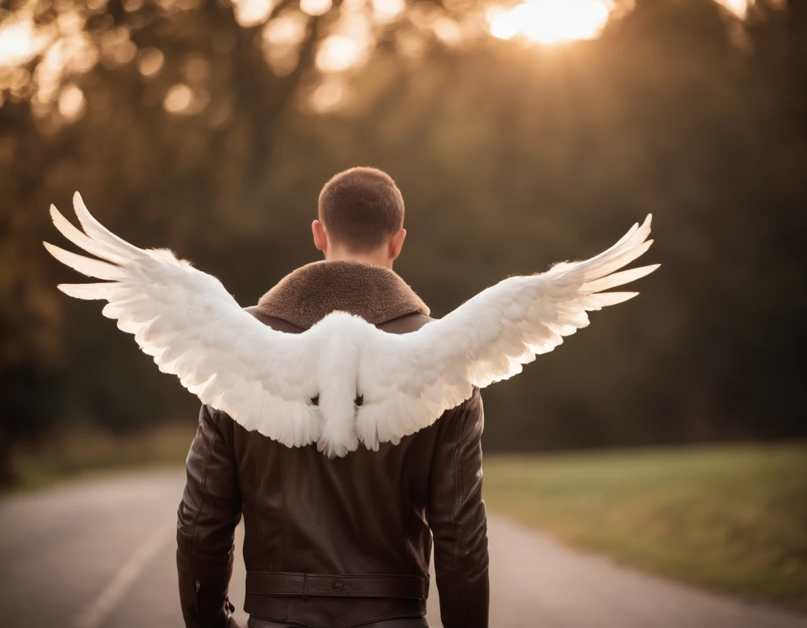 Human-looking male angel, Com vestes de vestes celestes brancas brilhantes, ao lado de uma jovem bonita Rosta com vestes e olhando para ajoelhada, dentro de uma casa simples ,perto uma mesa de madeira.