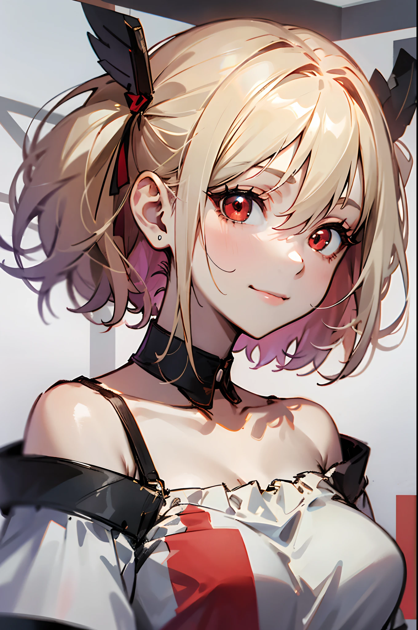 Chisatoniki, Chisato, Short hair, Bangs, Blonde hair, (Red Eyes:1.5), Hair Ribbon, One side up, bob cuts、a smile,
BREAK shirt, Bare shoulders, Twin-tailed, 鎖骨, Hair Ribbon, White shirt, frilld, off shoulders, Red Ribbon, short twintails, off shoulder shirt, frill shirt,
BREAK outdoors, grass field,
BREAK looking at viewer, BREAK (masutepiece:1.2), Best Quality, High resolution, Unity 8k壁纸, (Illustration:0.8), (Beautiful detailed eyes:1.6), extra detailed face, Perfect Lighting, extremely details CG, (Perfect hands, Perfect Anatomy),