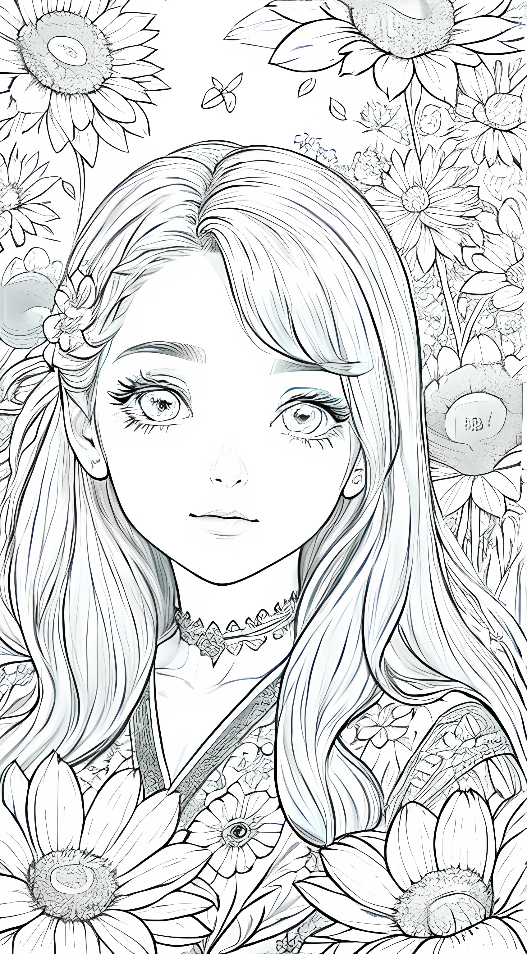 Woman looking at camera, (Campo de flores), ((Closeup)), retrato, nuvem, arte de linha