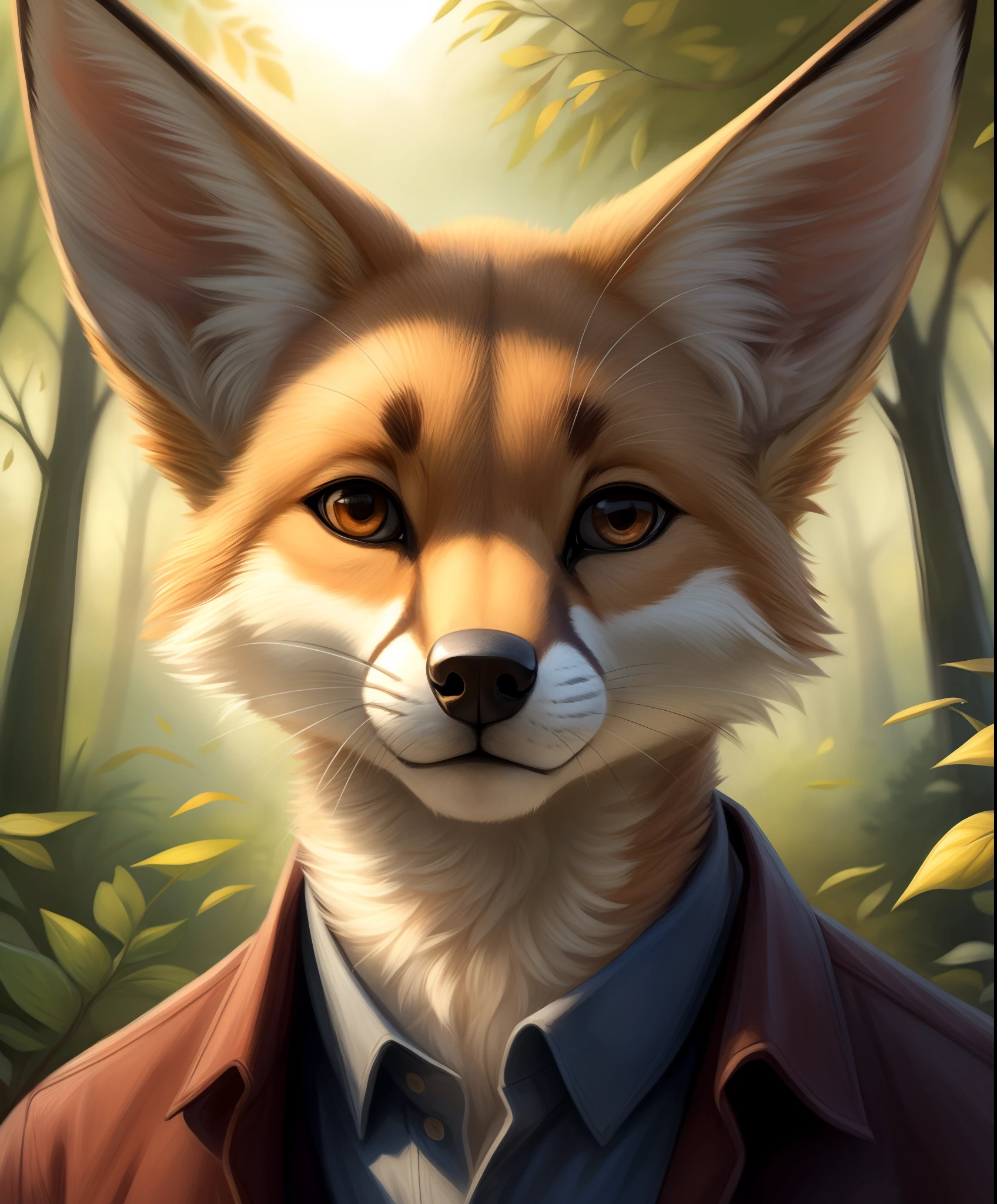real e621, , mammal, canid, fur, canine, solo, white body, fennec fox, whiskers, white fur, plant, leaf, clothing, anthro, tuft, ambiguous gender, hi res, detailed background, clothed, inner ear fluff, black nose, topwear, portrait, looking at viewer, nature, bust portrait, fluffy, fox, outside, front view, shirt, brown eyes, multicolored body
