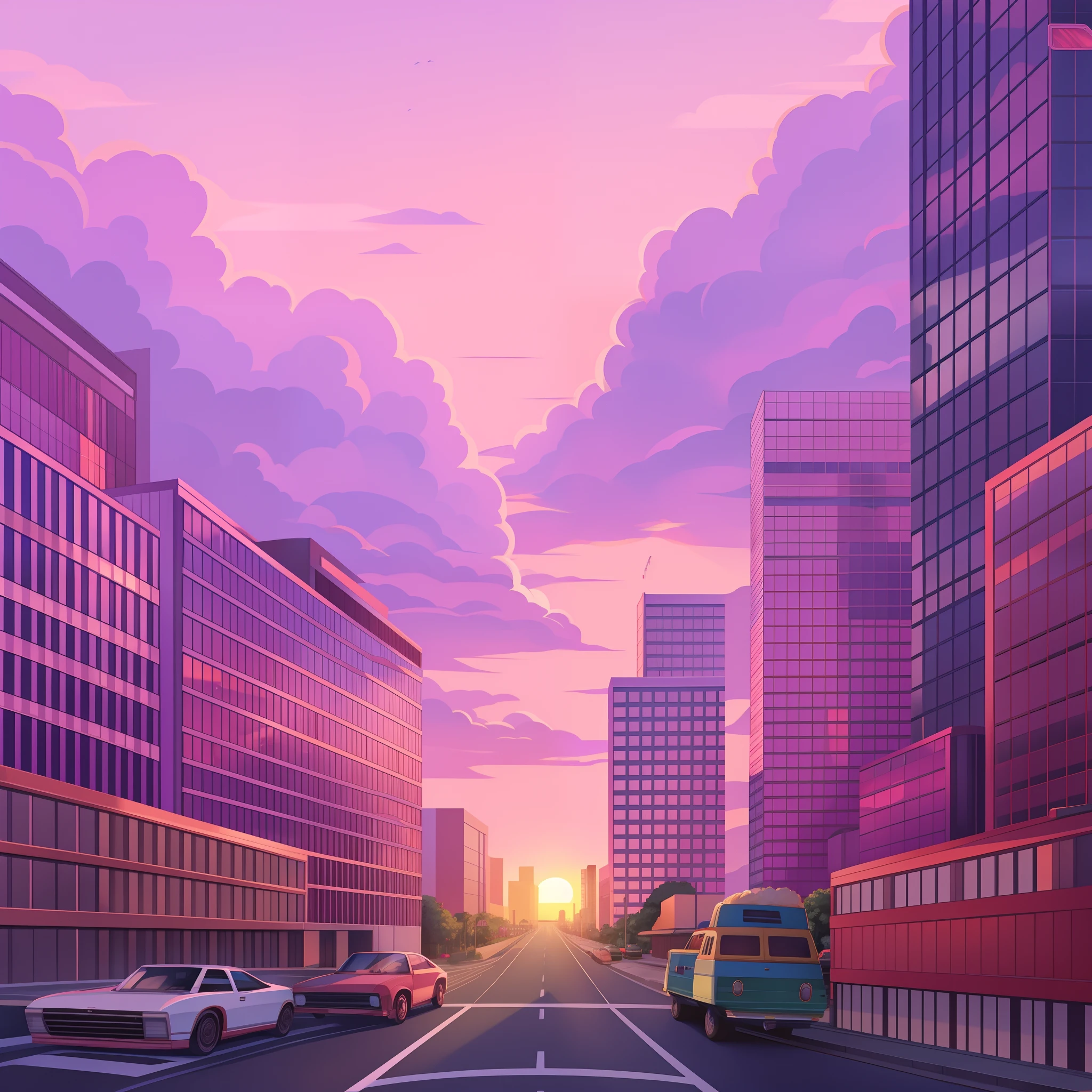 80's aesthetic, 城市，crossroad，buliding，vehicles，Pedestrians, City streets, Sunset, Purple and pink sky, Soft and fluffy white clouds,