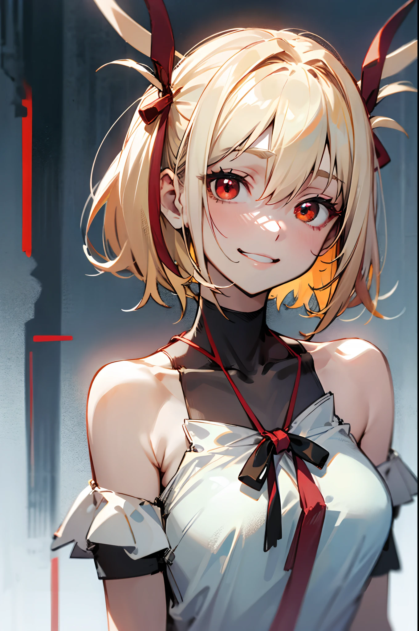 Chisatoniki, Chisato, Short hair, Bangs, Blonde hair, (Red Eyes:1.5), Hair Ribbon, One side up, bob cuts,
BREAK shirt, Bare shoulders, Twin-tailed, 鎖骨, Hair Ribbon, White shirt, frilld, off shoulders, Red Ribbon, short twintails, off shoulder shirt, frill shirt,
BREAK outdoors, Grinning,
BREAK looking at viewer, BREAK (masutepiece:1.2), Best Quality, High resolution, Unity 8k壁纸, (Illustration:0.8), (Beautiful detailed eyes:1.6), extra detailed face, Perfect Lighting, extremely details CG, (Perfect hands, Perfect Anatomy),