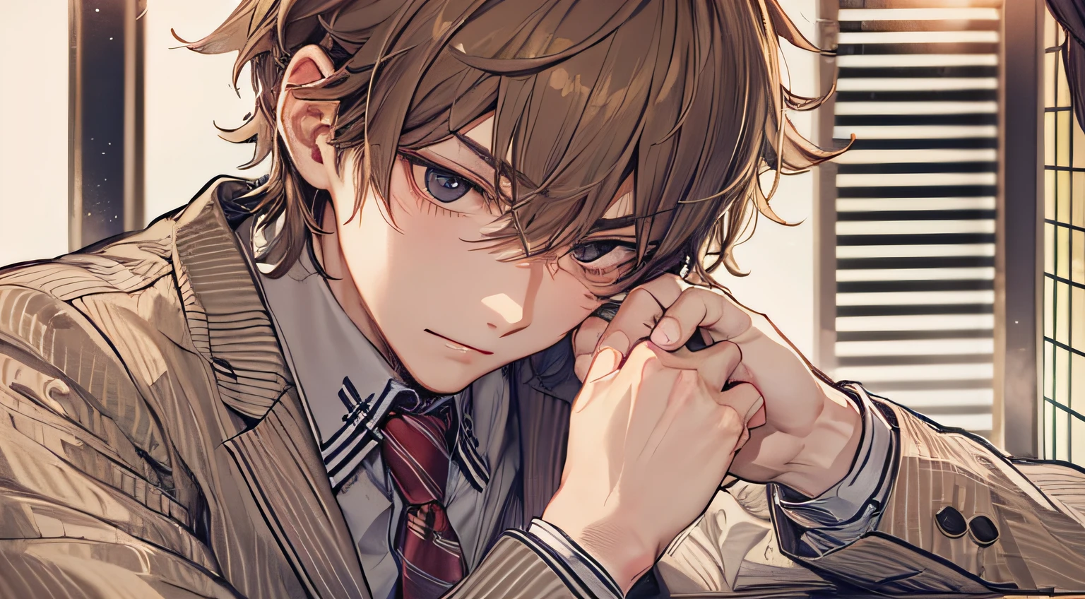 20 year old man with brown hair、hightquality、Alone、no person、Angry、up of face、suits、izakaya