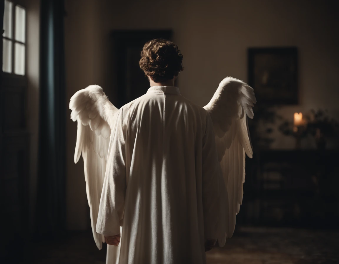 Human-looking male angel, Com vestes de vestes celestes brancas brilhantes, Next to it is a girl in robes, ambos dentro de uma casa