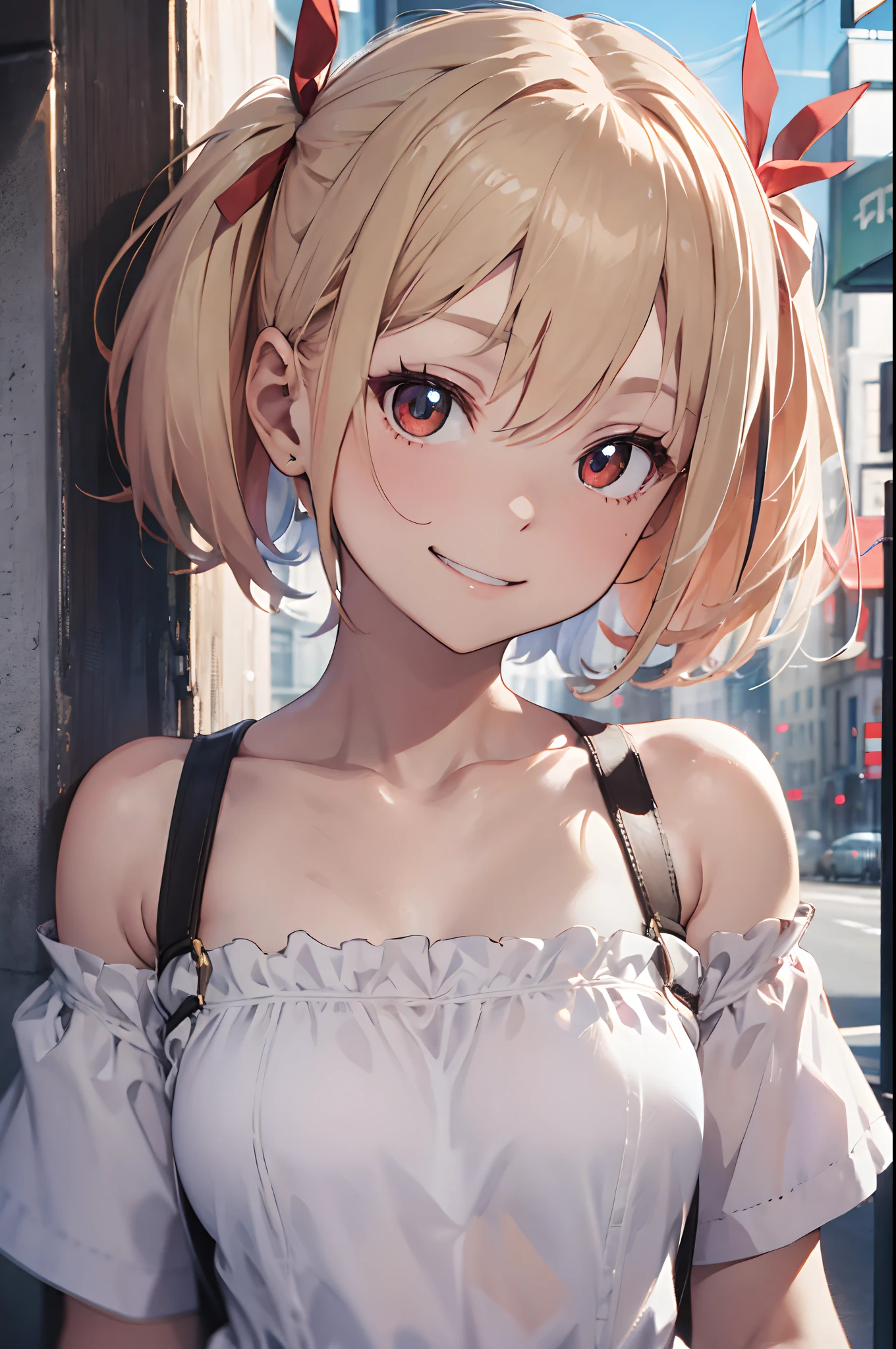 Chisatoniki, Chisato, Short hair, Bangs, Blonde hair, (Red Eyes:1.5), Hair Ribbon, One side up, bob cuts,
BREAK shirt, Bare shoulders, Twin-tailed, 鎖骨, Hair Ribbon, White shirt, frilld, off shoulders, Red Ribbon, short twintails, off shoulder shirt, frill shirt,
BREAK outdoors, Grinning,
BREAK looking at viewer, BREAK (masutepiece:1.2), Best Quality, High resolution, Unity 8k壁纸, (Illustration:0.8), (Beautiful detailed eyes:1.6), extra detailed face, Perfect Lighting, extremely details CG, (Perfect hands, Perfect Anatomy),