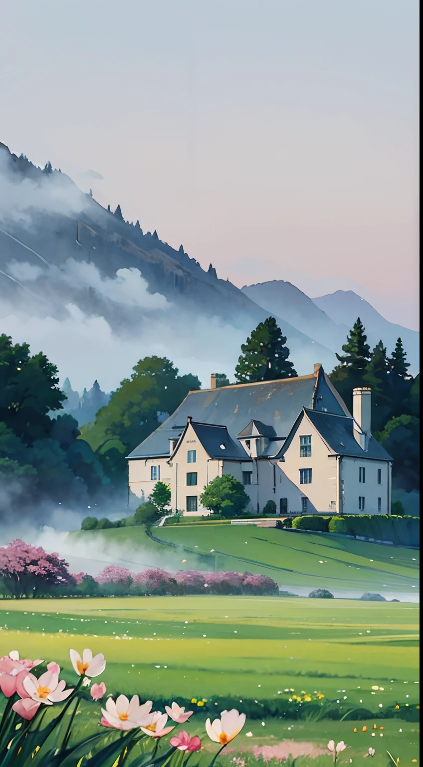 (Watercolor in Sargent style)、(top-quality、​masterpiece)、Soft light、Bibury's Swan Hotel painted on a foggy morning、、Create an ethereal scene in a calm morning misty meadow。Draw delicate and blurry brushwork、Capture the elusive nature of fog、Enhance the serene atmosphere of the countryside、place々flower bloom、