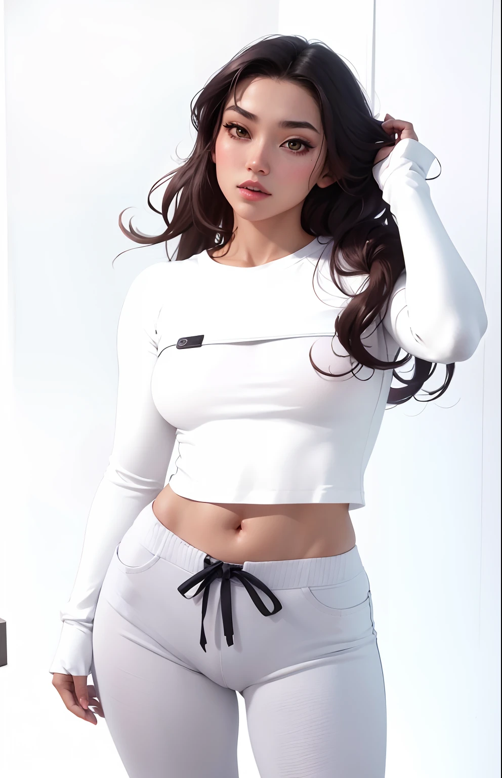 Un primer plano de una mujer con una blusa blanca y pantalones, Traje de ropa ajustado blanco liso, Modelo IG | Artgerm, Camisa corta y abdominales fuertes, Camisa ajustada, Parte superior blanca, con camiseta rasgada, Llevar un sexy top recortado, en ropa blanca, Chica coreana, Tifa Lockhart, Usar ropa simple y ajustada, Tendencias en CGVeStation, Uso de crop top