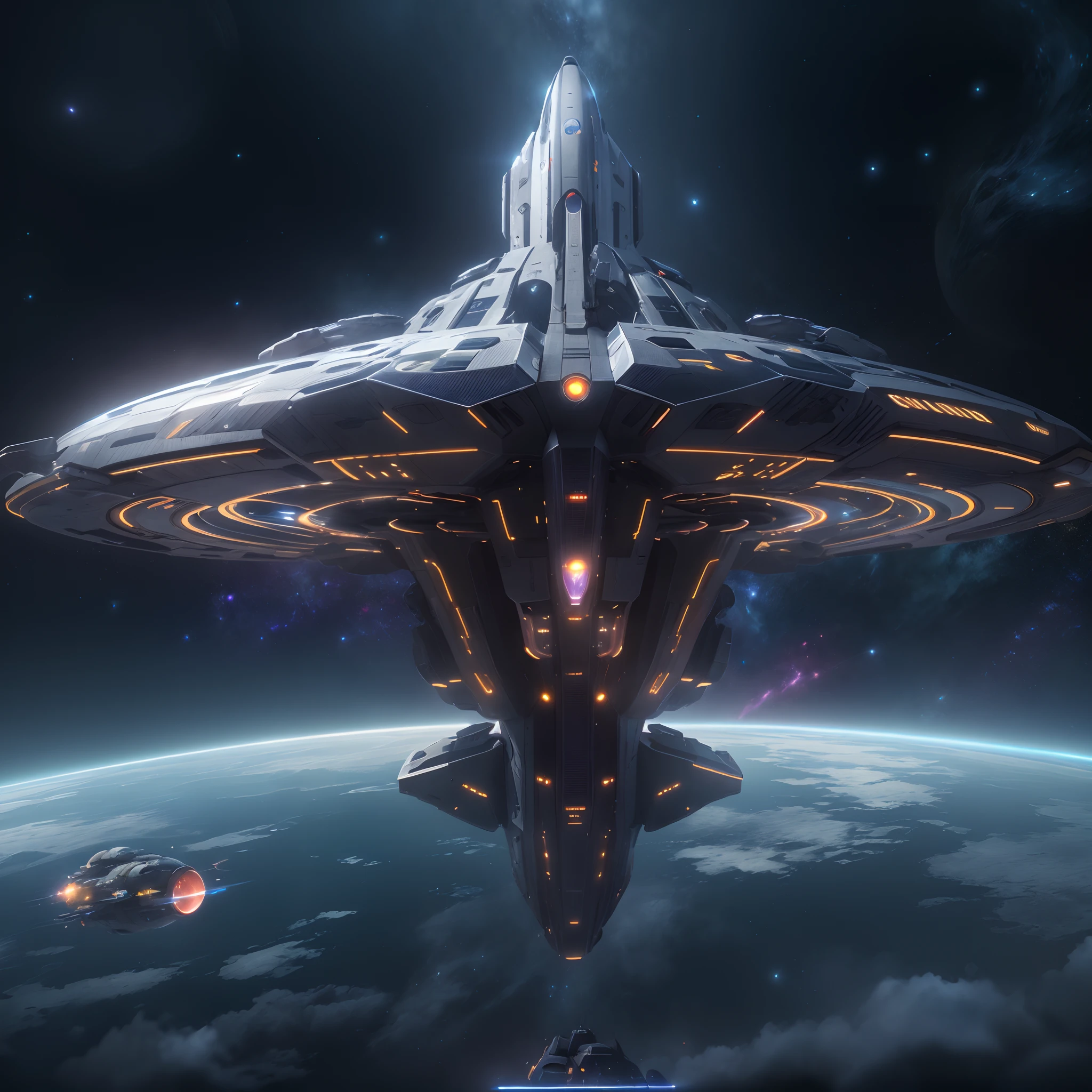 A huge spaceship,full bodyesbian,Solo,Spaceships in the Avengers,seen from outside,(multiple lighting sources:1.5),Detailed hull details,Walking through a wormhole,Cosmic galaxy background,Escaped spaceship,((Best quality)), ((Masterpiece)), (Epic composition:1.2), (unreal 5 render:1.1)