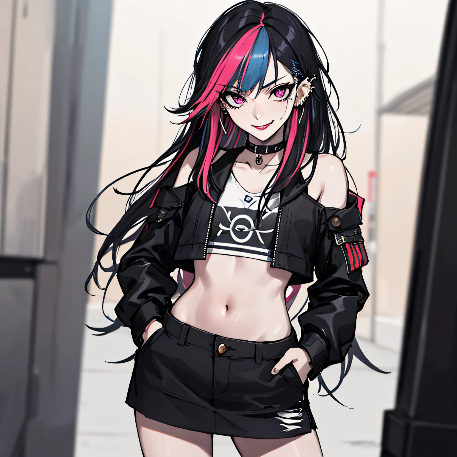 (absurdres, 8k, 4k, masterpiece, hyper extreme detailed:1.2), solo, 1girl, front view, perfect face, 1girl, portrait, expressive eyes, solo, standing, Female, perfect hands, pale skin, friendly, excited, punk rock, Long Hair, Multicolored Hair, black choker, black lipstick, Piercings, Ear Piercings, Lip Piercings, Nose Piercings, small Bust, smile, street clothing, half body, perfect anatomy, hands in pockets, graphic t-skirt, anatomically correct, cowboy shot, no background, empty background, arms behind back, covered chest, white background, exposed shoulder,