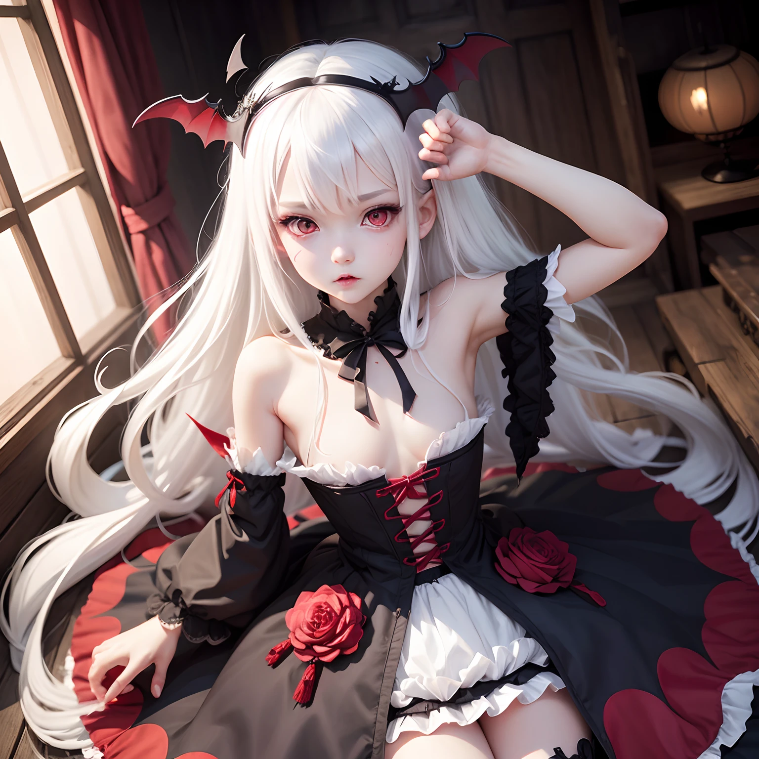 White-haired, red-eyed vampire,Flat-chested ,Bat headdress,Little Crown,Gothic skirt,Japanese manga style --auto