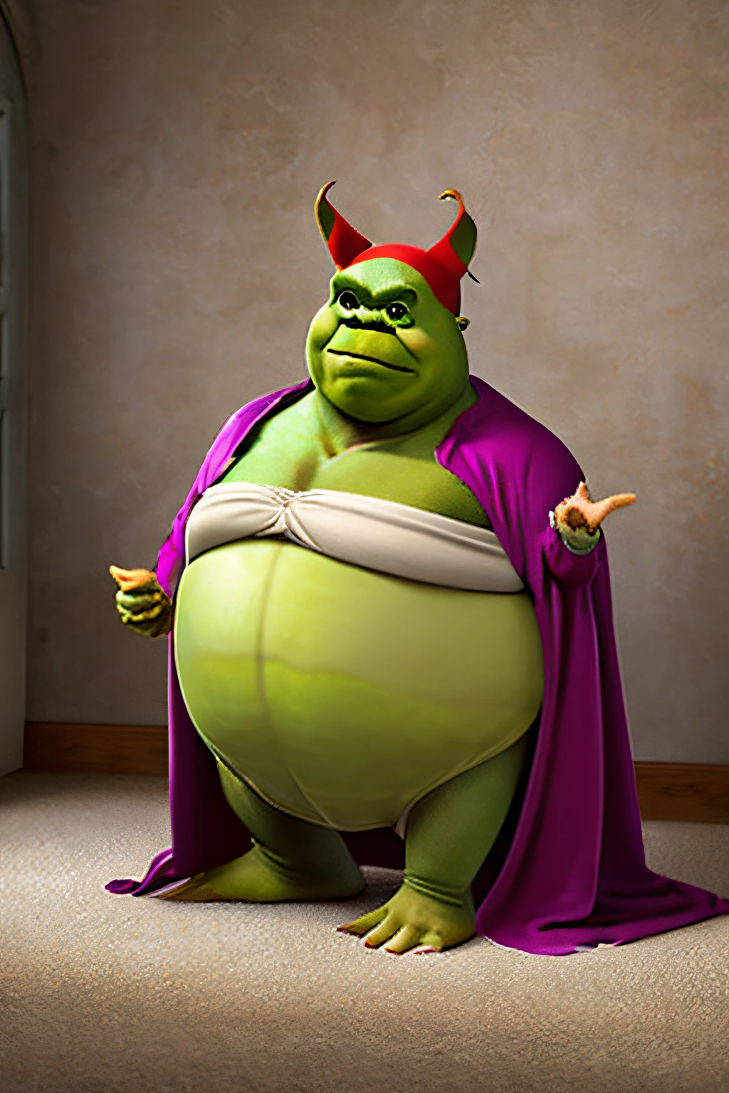 full frontal, big belly, fat body, muscular female, pleased, needy expression, Gril, giant, green crocodile, crown, big tits, red brazier, red underwear, red cape, sexy pose, ???