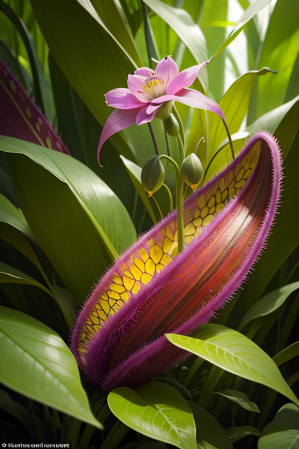Scene of endangered carnivorous plants of unusual colors and forms that no one has ever seen preying on insects