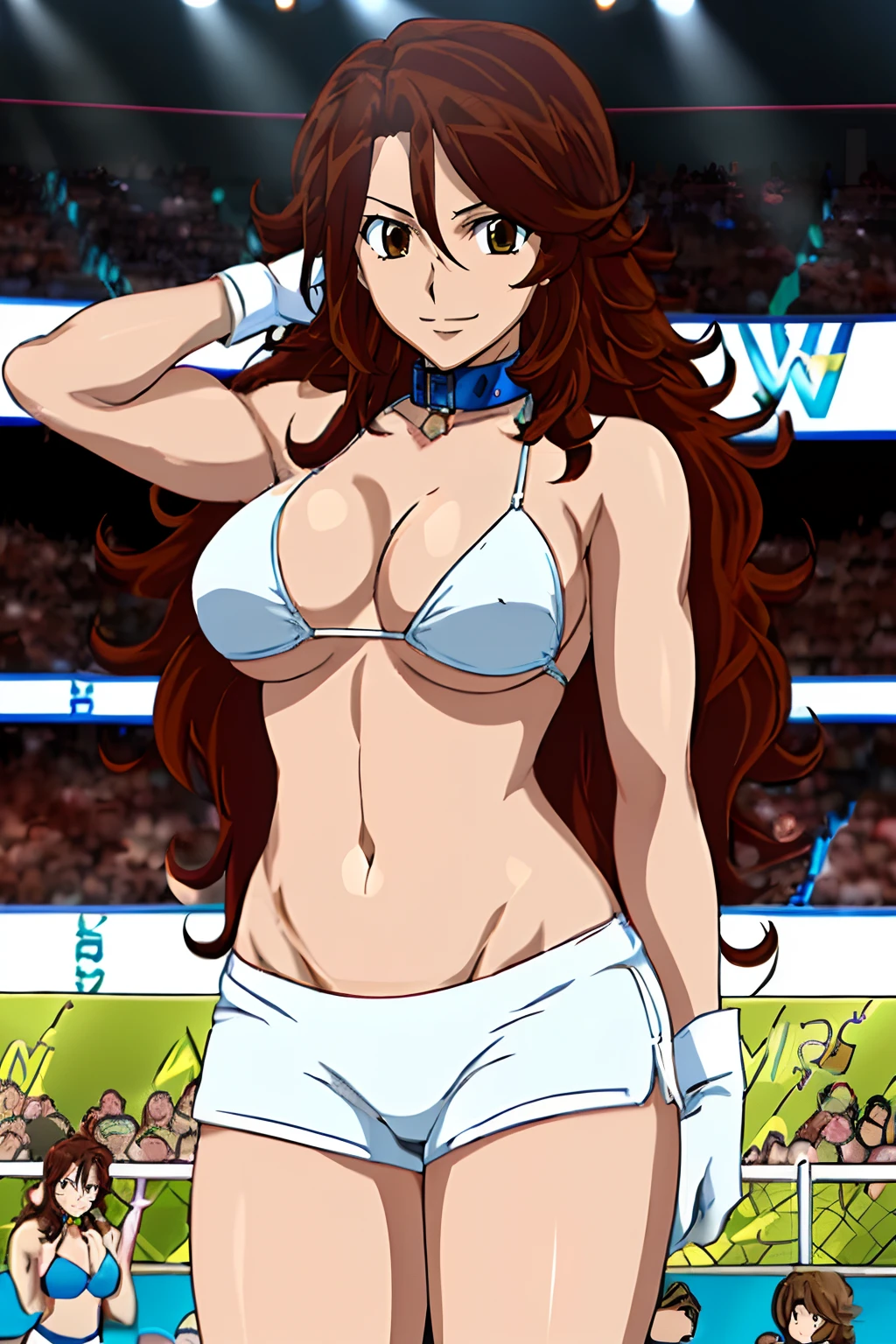 (wwe diva), body view, anime style: 1.8, anime drawing, ultra detailed face, ultra detailed body, 4k, Sumergai Lee Noriega, (standing), best quality, anime style, hires, highest definition, digital blending, bold drawing lines, ((wwe diva), (location: wrestling arena, crowds watching), ( slim body, little biceps, thighs, off-shoulders, (curvy: 2.8)), ((white bikini, shorts, groin, , white gloves, collar)), victorious, winner, gentle, (big breasts, smile), (big eyes, brown eyes), (clapping), (brown hair, loose hair, curly hair, wavy hair, long hair, missy hair), 27 years old, (flexing both arms)