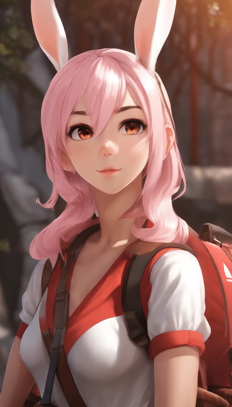 Early morning, sunglasses, red school swimsuit, thick eyebrows, leather backpack, bazooka protruding from the backpack, carrying heavy weapons, (dark skin: 1.3), black gloves, brown skin, movie lighting, small, beautiful light pink hair, rabbit ears, (masterpiece), ((highest quality)), (super detailed), glossy skin, full body anime girl, solo, clean and detailed anime face, High resolution anime eyes, five fingers, textile shading, perfect human structure, perfect anatomy,