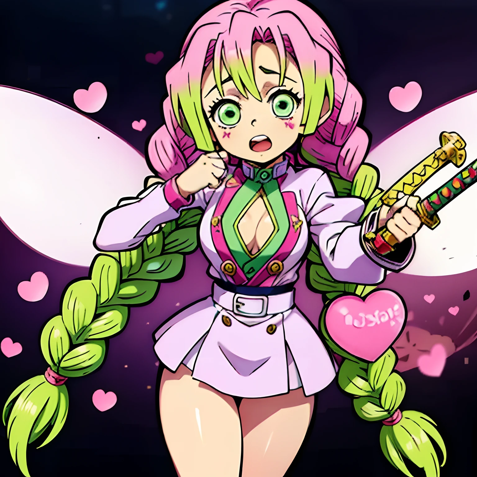kanroji_mitsuri,digimon\(creature\),Fairy Wings,(( Fairy,))((pink skin)) , ((Heart Motif)) , Sakura flowers, Mitsurias a Digimon, 1girl,masterpiece, multicolored hair, green eyes, long hair, Solo,pink hair green, Braids, Dynamic pose, holding whip Sword, ((Cute Clothes))