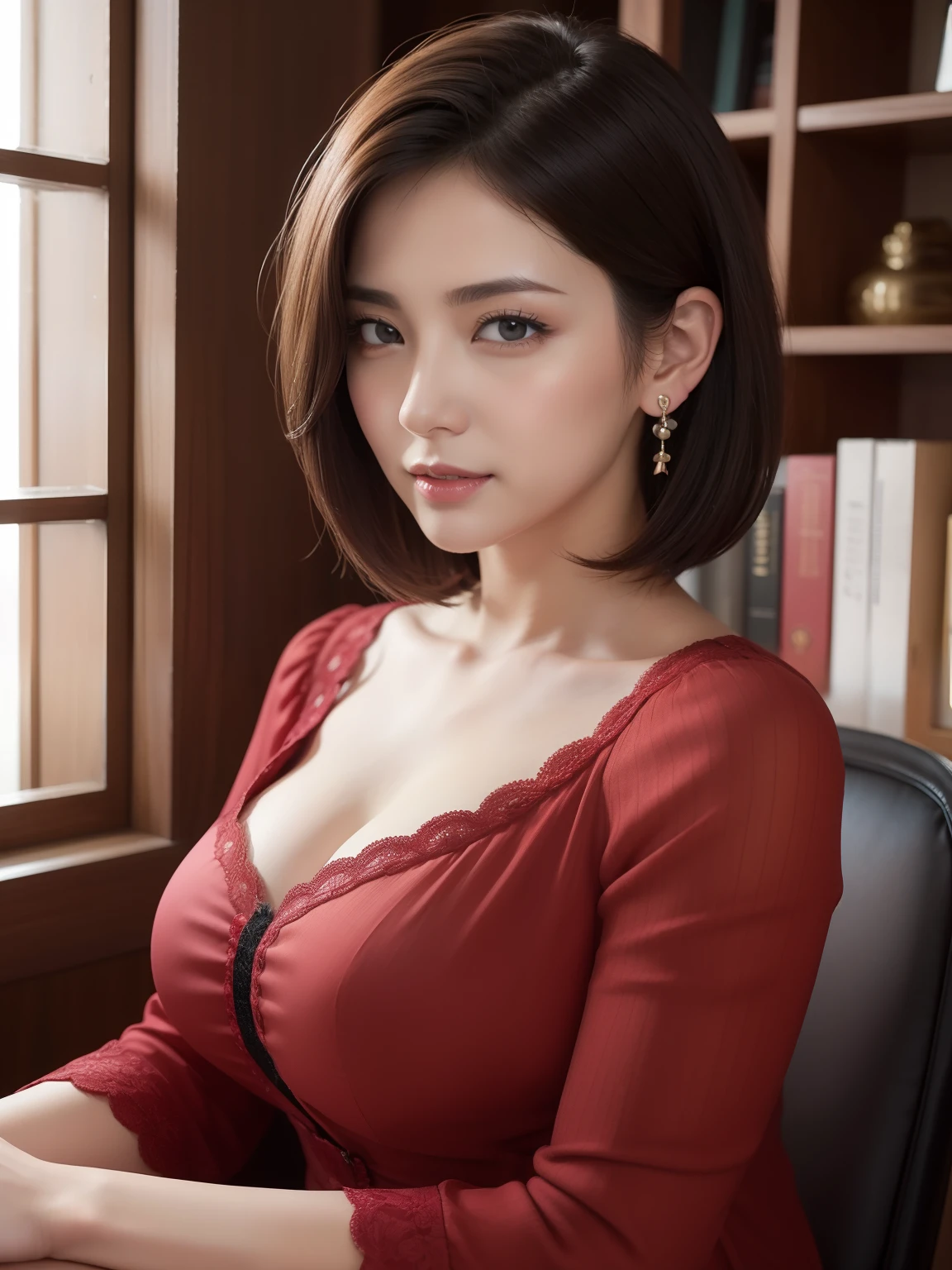 ((masterpiece))、((top-quality))、a picture、Realisticity、high-level image quality、Advanced depth of field、ultra-detailliert、Realistic lighting、dynamic compositions、evening、short-hair、married woman、age 40s、Dark red blouse、Delicate and elaborate facial features、Realistic background、large full breasts、Sexy lips、Sensual smile、Stand in front of your office desk、Hair gesture over your ears、