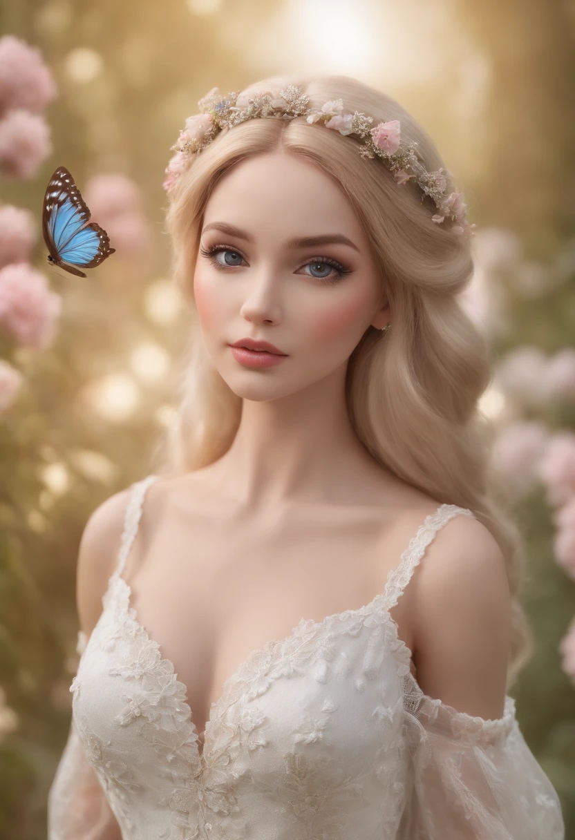 una toma ultra realista de una hermosa mujer con cabello negro con mariposas y flores posando para una foto, Rasgos faciales extremadamente detallados y claros, realistic Barbie doll, Estilo de arte de anime realista, Sus ojos, lleno de los colores de una vibrante puesta de sol, Cautivar al espectador. Mariposas revolotean juguetonas por toda la escena, Kinematic, Fotorrealista, Hiperrealista