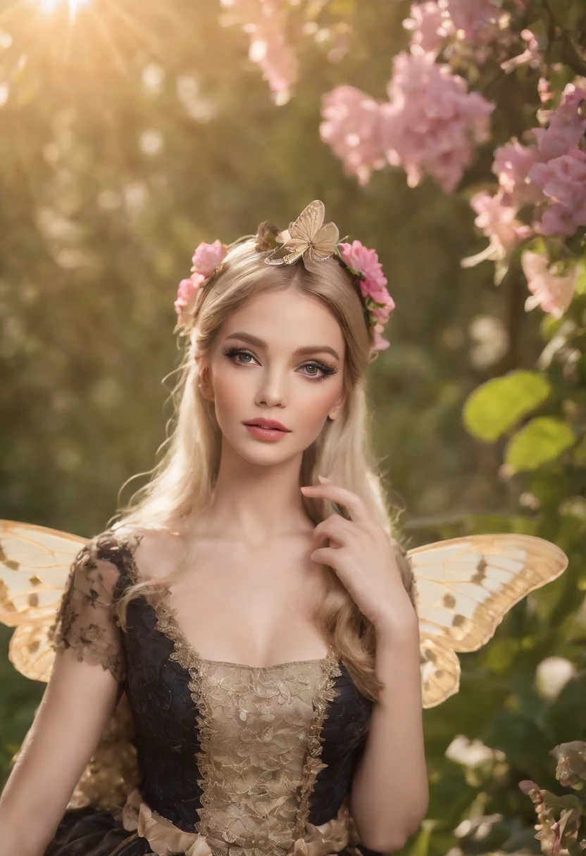 una toma ultra realista de una hermosa mujer con cabello negro con mariposas y flores posando para una foto, Rasgos faciales extremadamente detallados y claros, realistic Barbie doll, Estilo de arte de anime realista, Sus ojos, lleno de los colores de una vibrante puesta de sol, Cautivar al espectador. Mariposas revolotean juguetonas por toda la escena, Kinematic, Fotorrealista, Hiperrealista