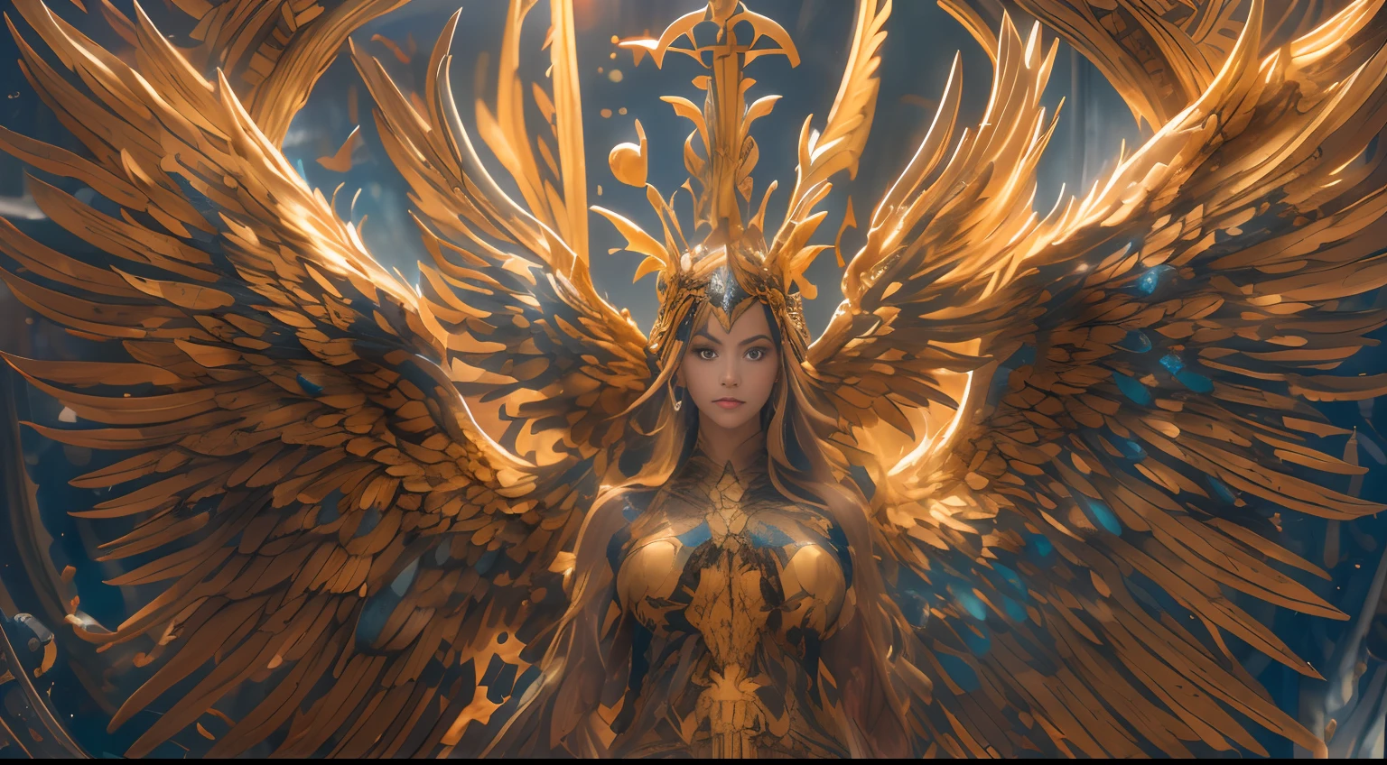 Show full body, Create an impressive and emblematic image, which reconciles the opposites between heaven and hell according to the principle of ("So wie oben, so auch unten") embodied, Eine klare horizontale Linie in der Mitte des Bildes sollte den Spiegelpunkt zwischen den beiden Szenen darstellen, upper half (Himmel): - Der Himmel sollte von einem Wolkenkranz umgeben sein, auf dem die Umrisse des Himmelreiches zu erahnen sind, - Die sieben Erzengel, Ready for battle, Bravely plunge down towards hell, Sie sollten heldenhaft und entschlossen aussehen, bereit, das Gute zu verteidigen, - Im Hintergrund des Bildes, hinter dem Kreuz im Himmel, sollte schwach Marias weinendes Gesicht zu sehen sein, das die traurige, aber hoffnungsvolle Natur des Himmels widerspiegelt, Mittellinie: - In der Mitte der Mittellinie sollten sich zwei Kreuze befinden, eines ragt in den Himmel und das andere, ein umgekehrtes Kreuz, Descends into hell, - Jesus was to hang on the cross to heaven, dargestellt in einer Haltung des Friedens und der Opferbereitschaft, - Satan's son was to hang on the inverted cross to hell, dargestellt in einer Haltung der Rebellion und des Zorns, Lower Half (hell): - Hell should have a dark and threatening atmosphere, mit dunklen Farben, Flammen und chaotischen Strukturen, - Im Hintergrund des Bildes, hinter dem Kreuz des Sohnes Satans, sollte sich schwach Luzifers wutentbranntes Antlitz abzeichnen, that symbolizes the dark and dangerous nature of hell, - Die gefallenen Engel, that are reflected in hell, should have black wings and charge energetically towards the kingdom of heaven, - Satan's Citadel Should Be Foreshadowed in Hell, as a dark and threatening counterpart to the peaceful and harmonious kingdom of heaven, The entire composition was intended to emphasize the duality and mirrored nature of the two scenes, und die Szene sollte das Prinzip "So wie oben, so auch unten" visually embody, as well as the dramatic confrontation between