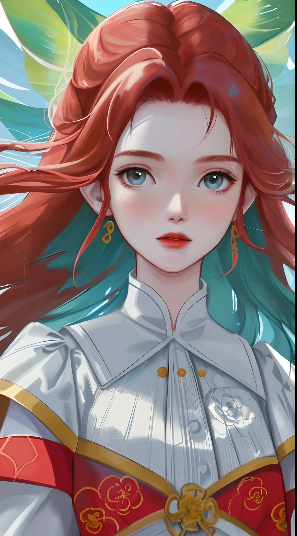 girl，Red wavy hair，Flame hair ornaments，with a round face，Redlip，white skinned，Danfeng Eyes，Delicate facial features，White color blouse，火焰，brightly colored，frontage，brightly，green trees，yellowflower，Blue ocean，Big wind，Hyper-Resolution，accuracy，detail render，（Delicate facial portrayal）（Fine hair portrayal）（highest  quality）（Master masterpieces）（High degree of completion）（a sense of atmosphere）tmasterpiece，ultra - detailed（half-body portrait）