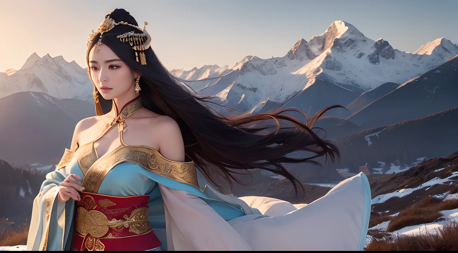 (1girl), ((three quarters body shot)), (best quality,4k,8k,highres,masterpiece:1.2),ultra-detailed,(realistic,photorealistic,photo-realistic:1.37),soft lighting, (silky long dark hair blowing in the wind), elaborate headgear, subtle shadows,gentle and natural pose,graceful and elegant posture,(wearing a regal long flowy ancient chinese robes with intricate and elaborate designs), ((exposed shoulders)), subdued yet vibrant color scheme,meticulous attention to detail, engaged in a heated battle, snowy mountains in the far background