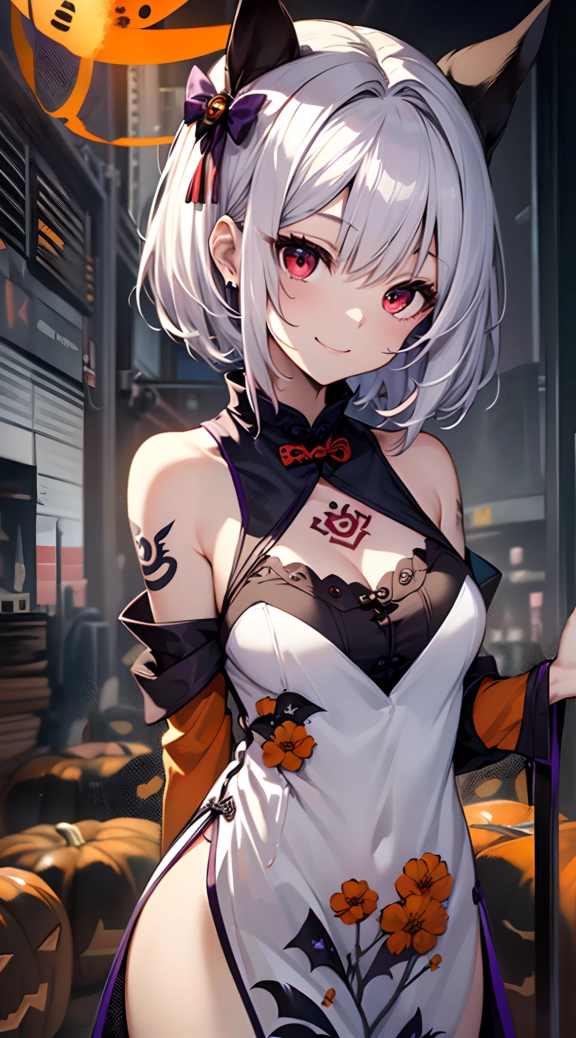 top-quality、Top image quality、in 8K,4K,masterpiece、(NSFW:1.1)、ultra-detailliert、Beautiful、ultra-quality、Beautiful fece、girl with(((18year old、Halloween Style Costumes:1.3、Little Devil 1:3、Bust 78、silber hair、a short bob、Red Eyes、erotick:1.4、Happiness、The tattoo)))、hiquality、visualart、Background with((Halloween 1.2))、masutepiece